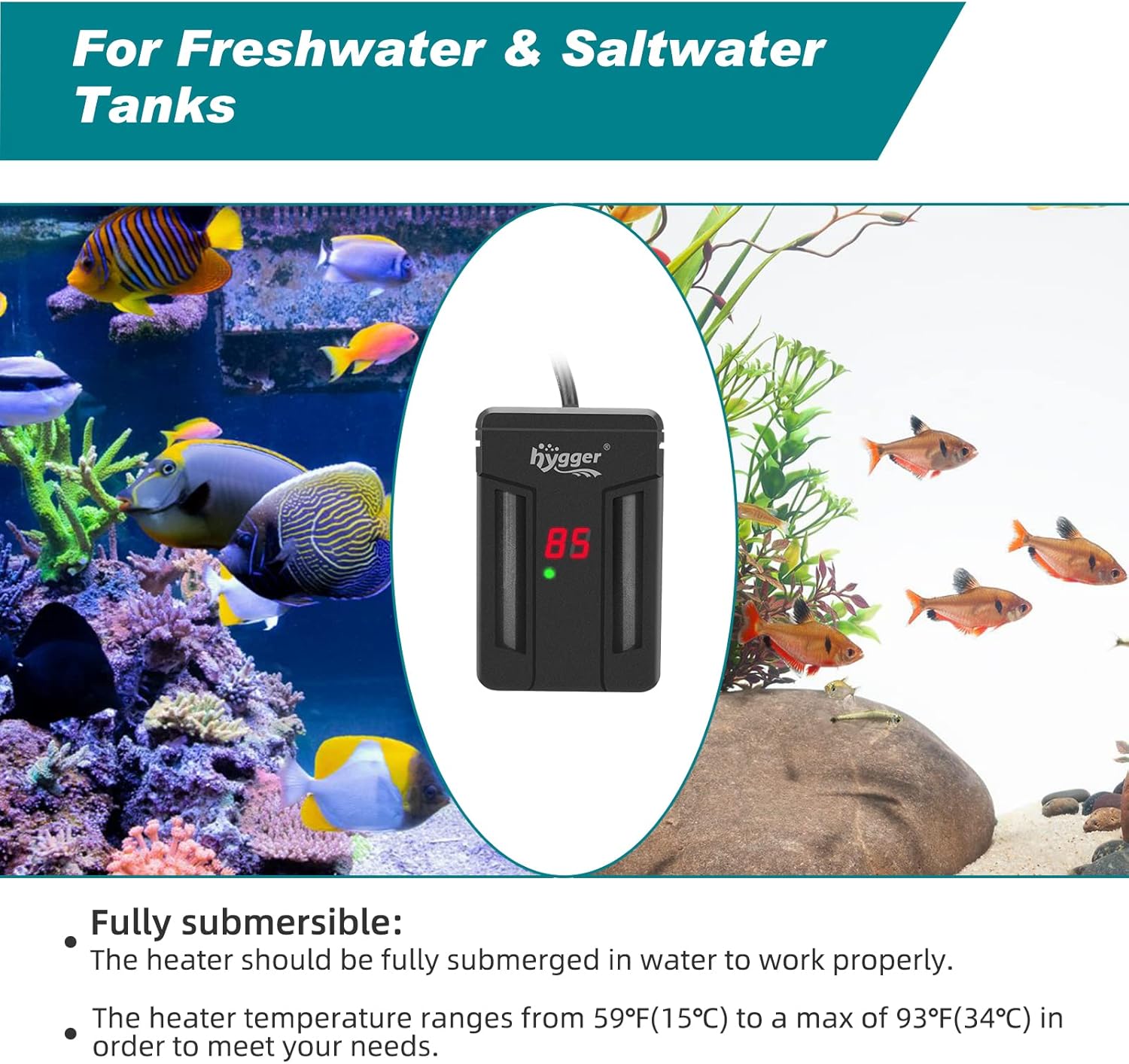 hygger submersible aquarium heater in black with adjustable temperature dial, suitable for fish tanks, available in 75W, 150W, 300W
