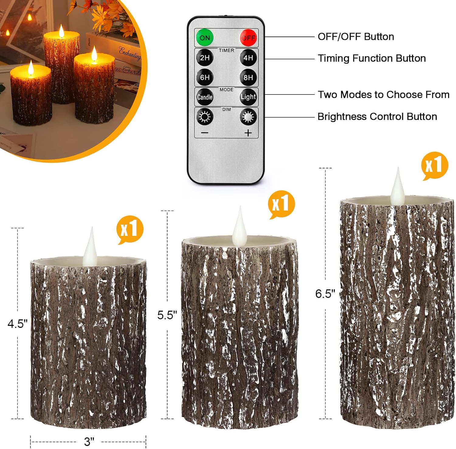 Battery-operated flameless pillar candles by Enpornk with pine effect, real wax, flickering 3D wick, and LED light.