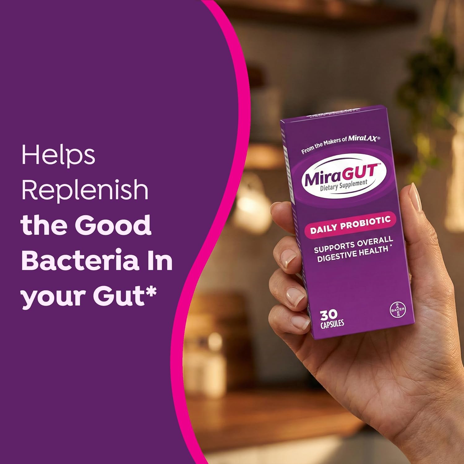 MiraLAX MiraGUT Daily Probiotic bottle with label showing probiotic capsules for digestive health support.