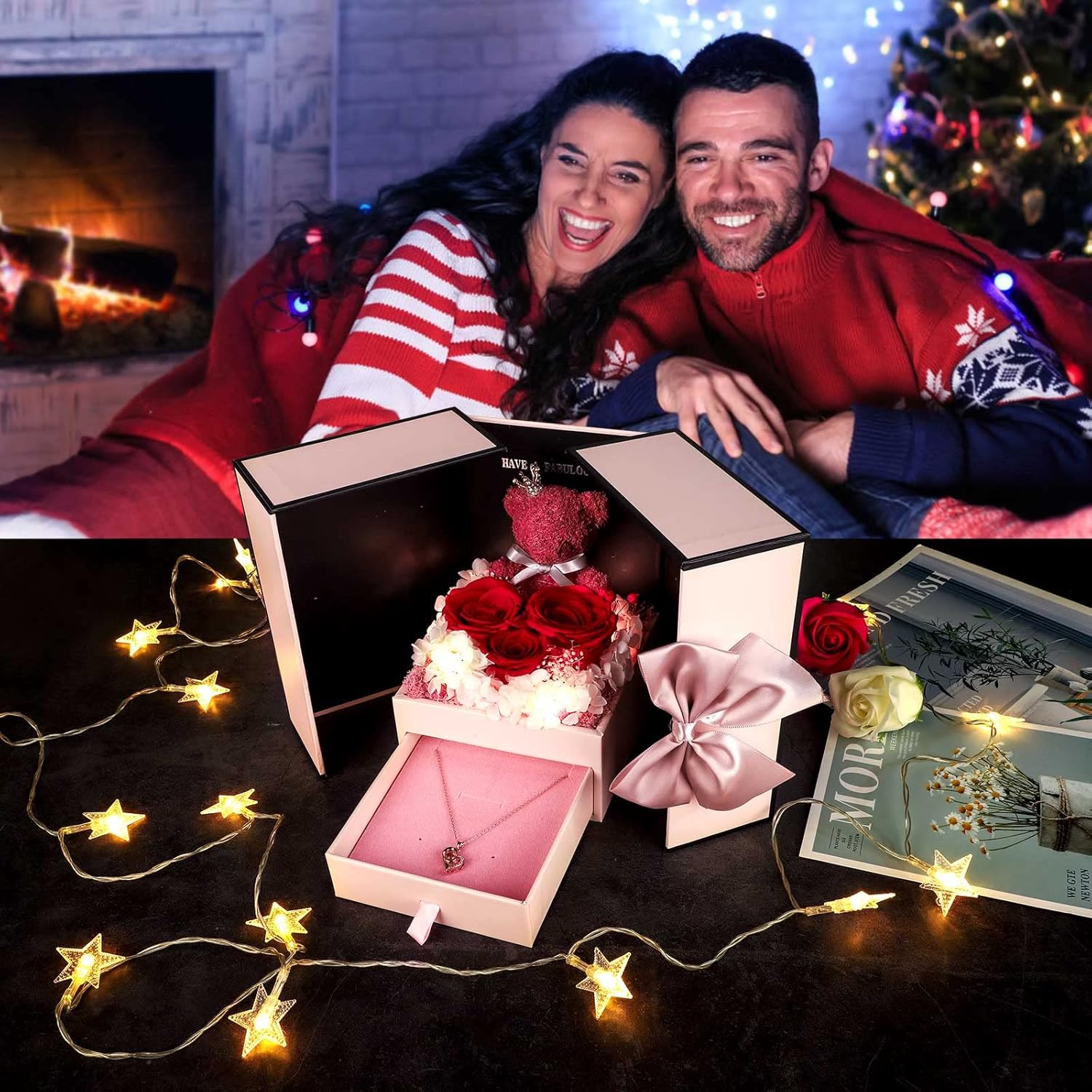 ADDWel Preserved Real Rose with I Love You Necklace in 100 Languages, Eternal Red Rose