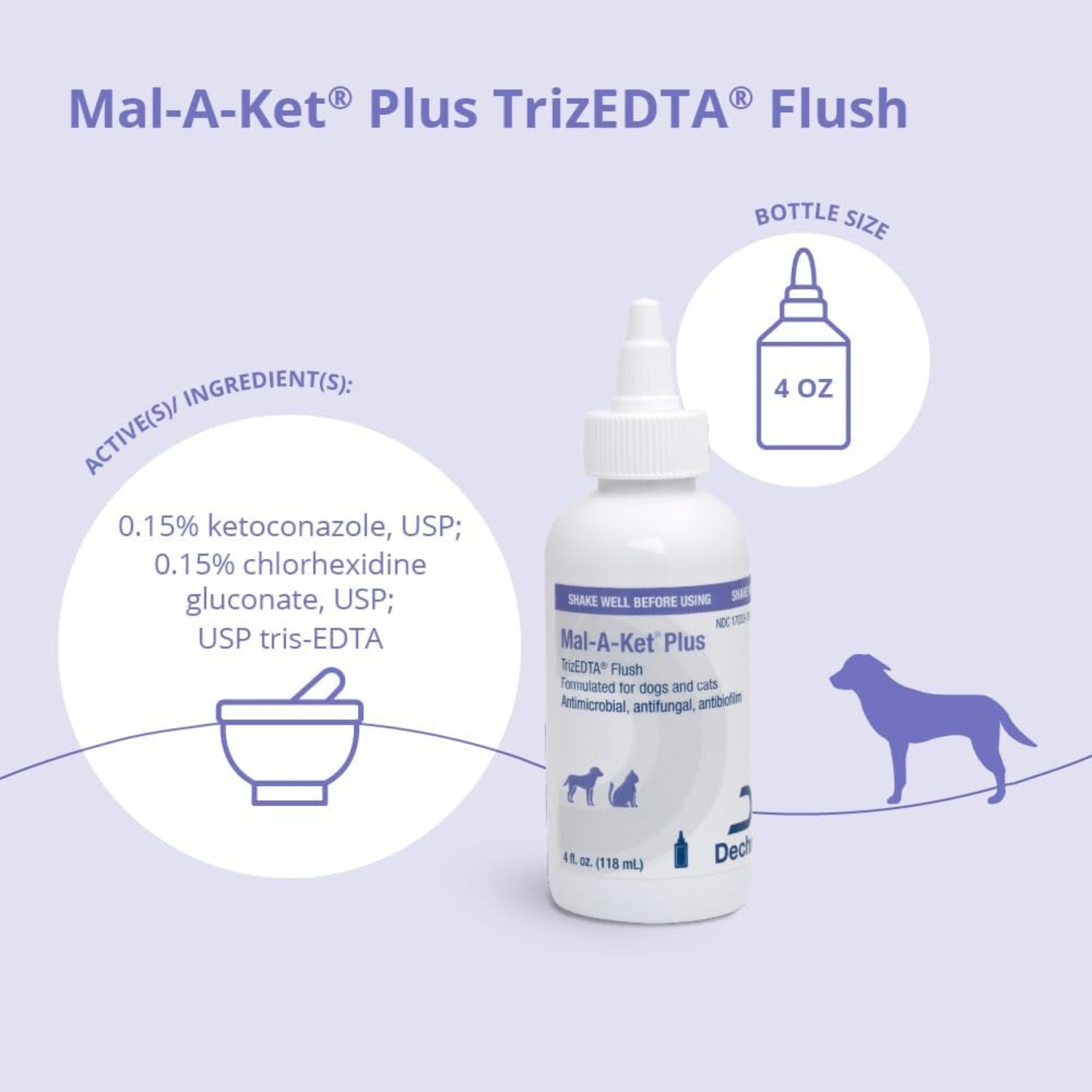 Mal-A-Ket Plus TrizEDTA Flush for cats and dogs in a 4 oz bottle, shown with label and applicator tip.