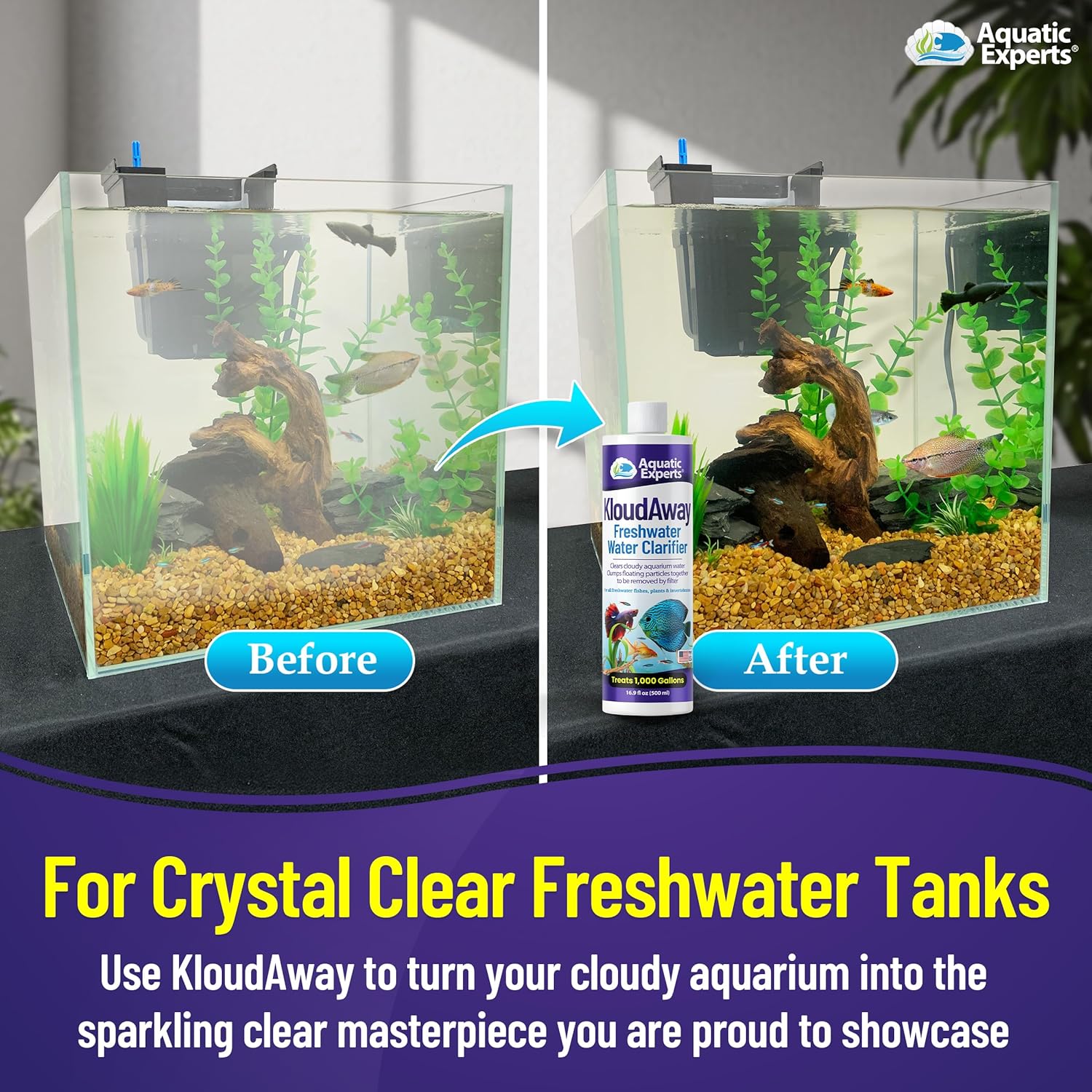 Aquatic Experts KloudAway freshwater aquarium water clarifier bottle with clear liquid inside, designed to clear cloudy water.