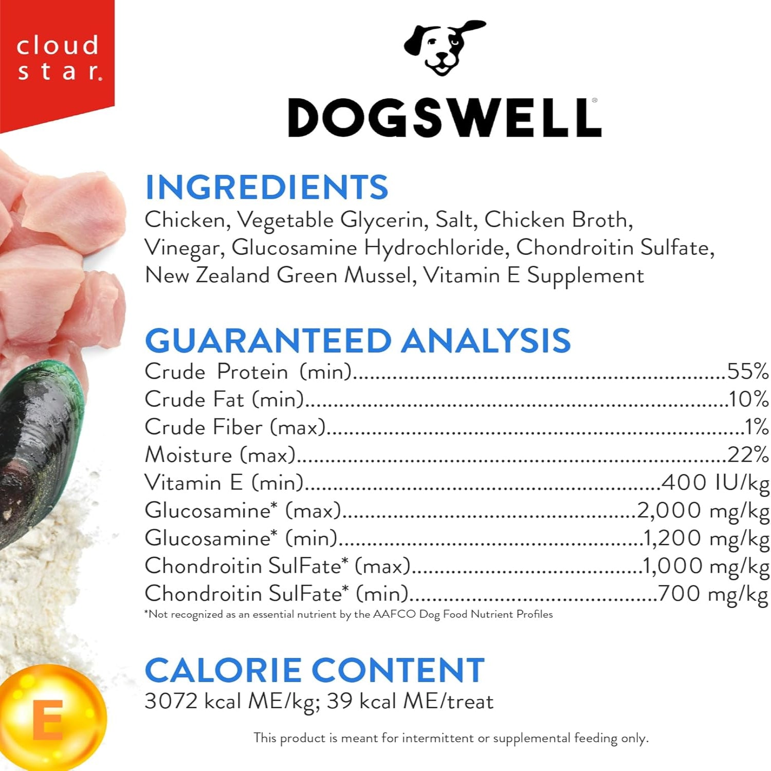 Dogswell Jerky Hip and Joint Dog Treats, grain-free, made in the USA, shown in a clear image with treats and packaging.