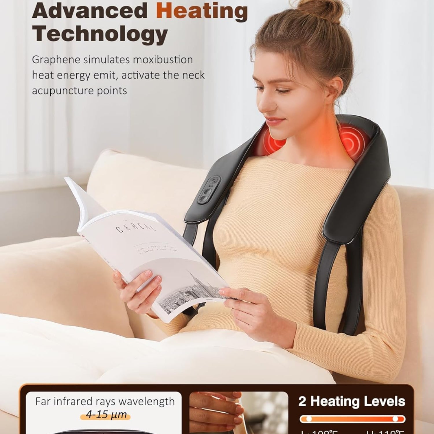 KNQZE cordless neck and shoulder massager with heat, showing the device wrapped around a person's neck and shoulders for relief.