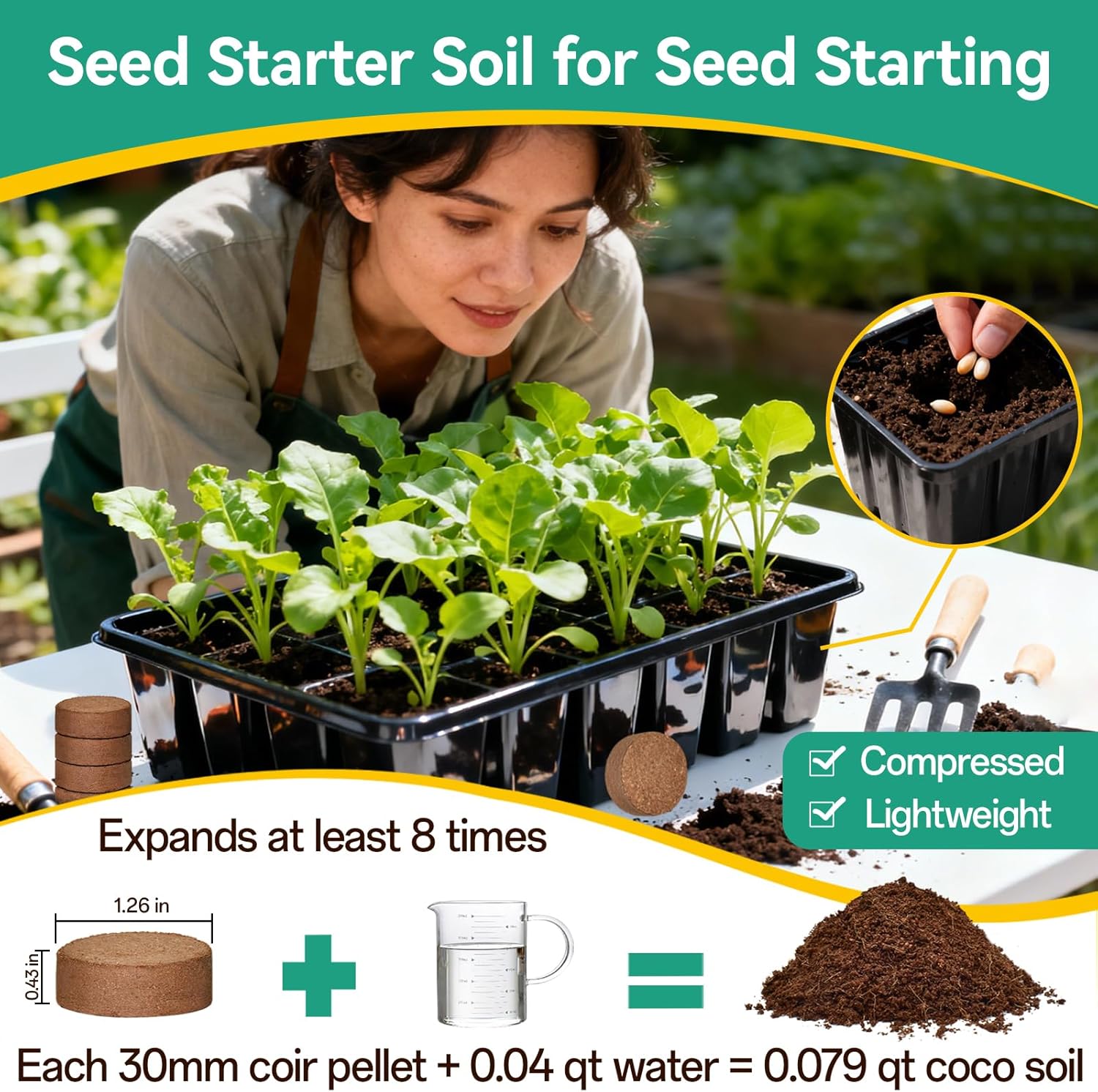 ZeeDix 200pcs 30mm coco coir pellets for potting soil, ideal for indoor plants, showing compact brown coir pellets in a tray.