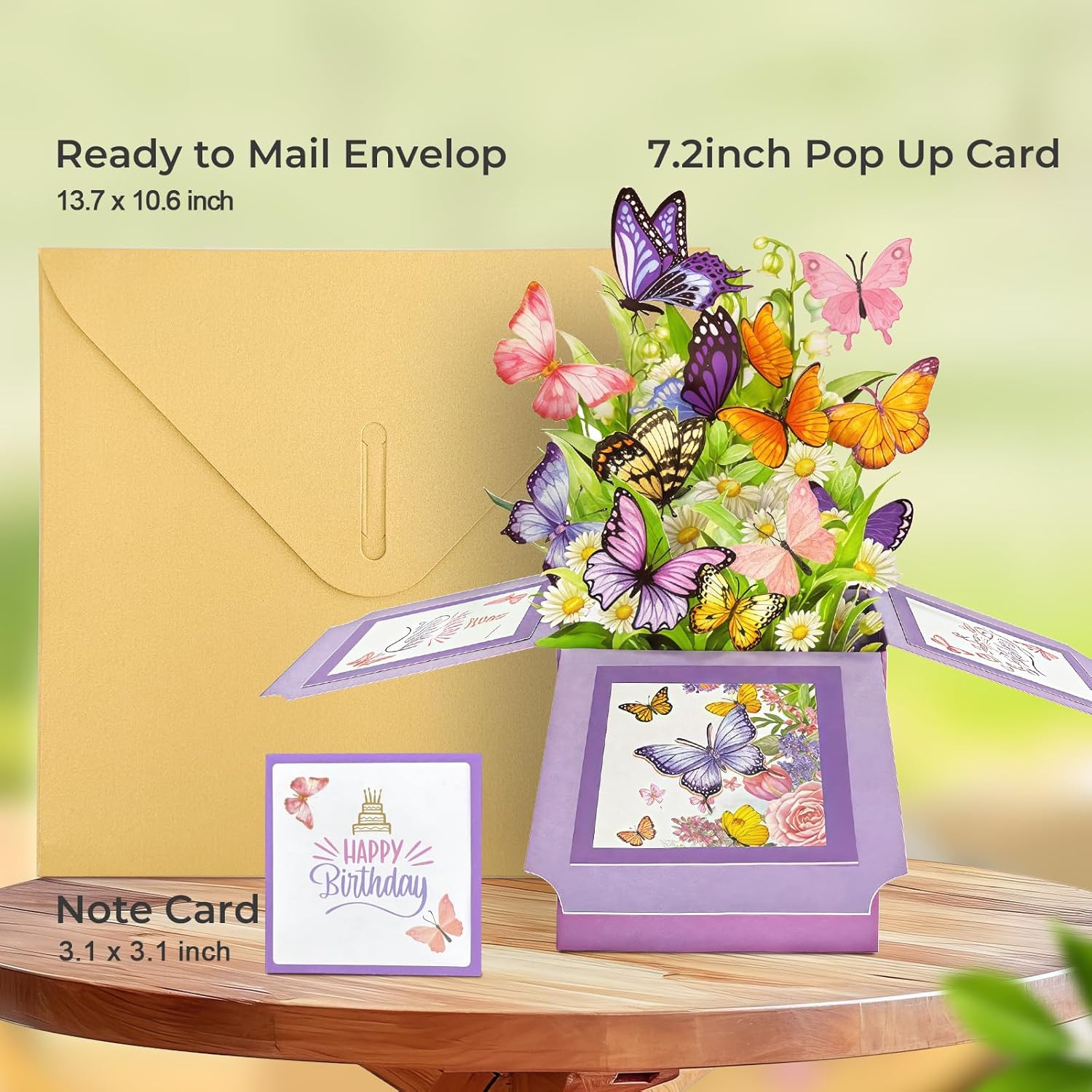 Hierein butterfly pop-up birthday card for women with colorful butterfly design, featuring a happy birthday message inside.