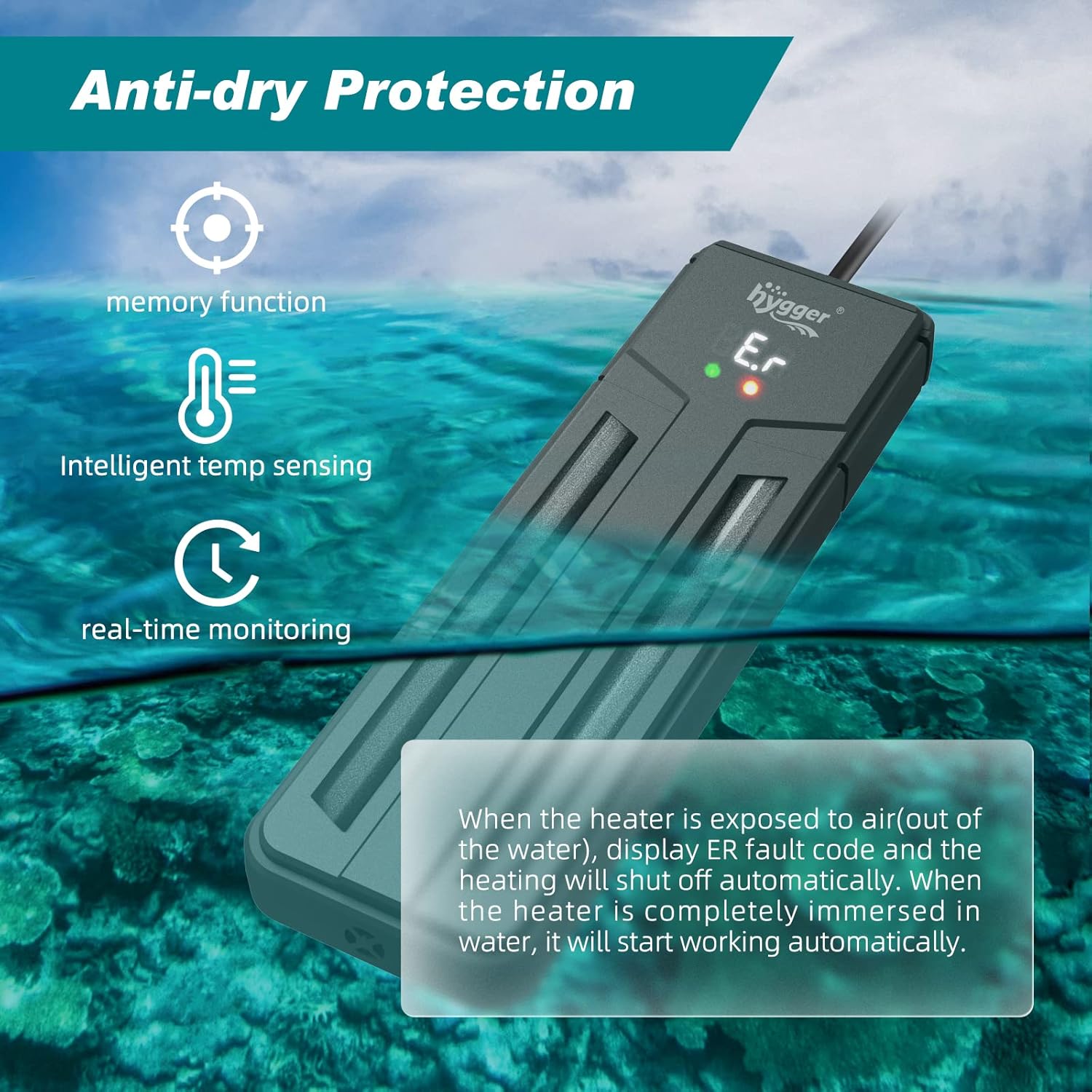 hygger submersible aquarium heater with 75W, 150W, or 300W power for fish tanks, showing the heater submerged in water.
