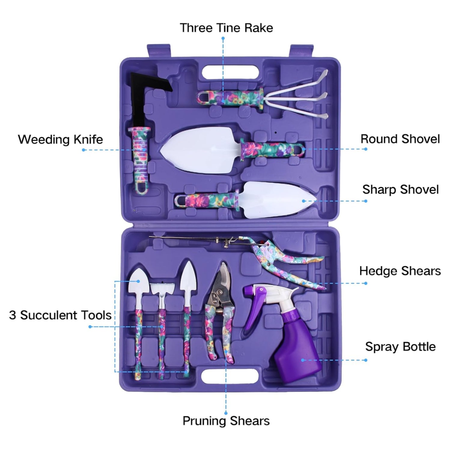 JUMPHIGH 10-piece gardening tools set with floral print, ergonomic handles, includes trowel, pruners, and planting tools for gardening.
