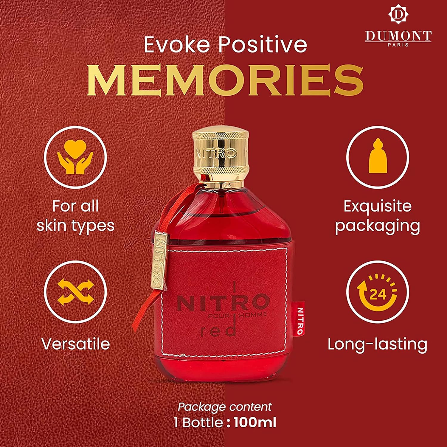 Dumont NITRO RED luxury men's Eau De Parfum bottle with red accents, featuring fruit and woody scent notes.
