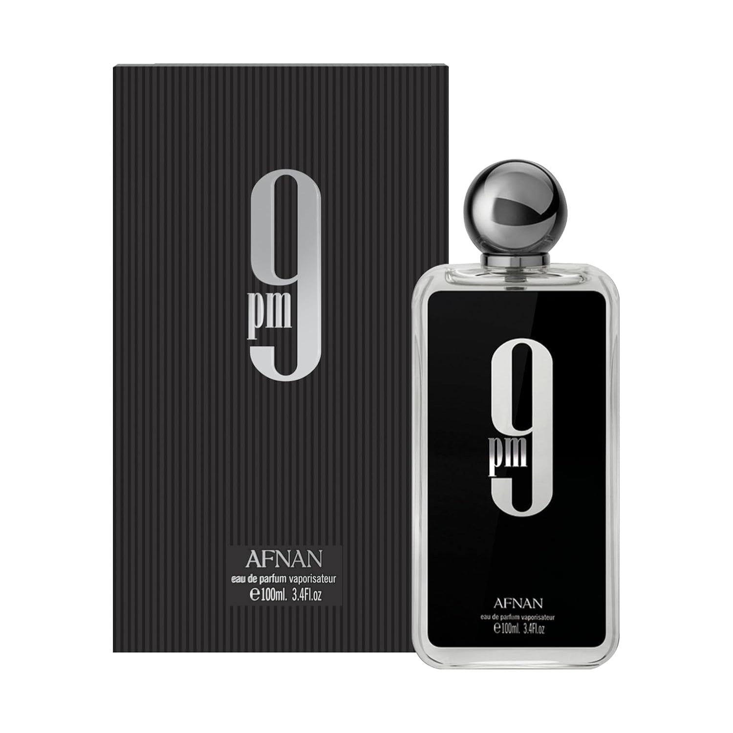 Afnan 9 PM For Men Eau De Parfum 3.4 Fl Oz bottle with sleek black packaging and silver accents on a white background