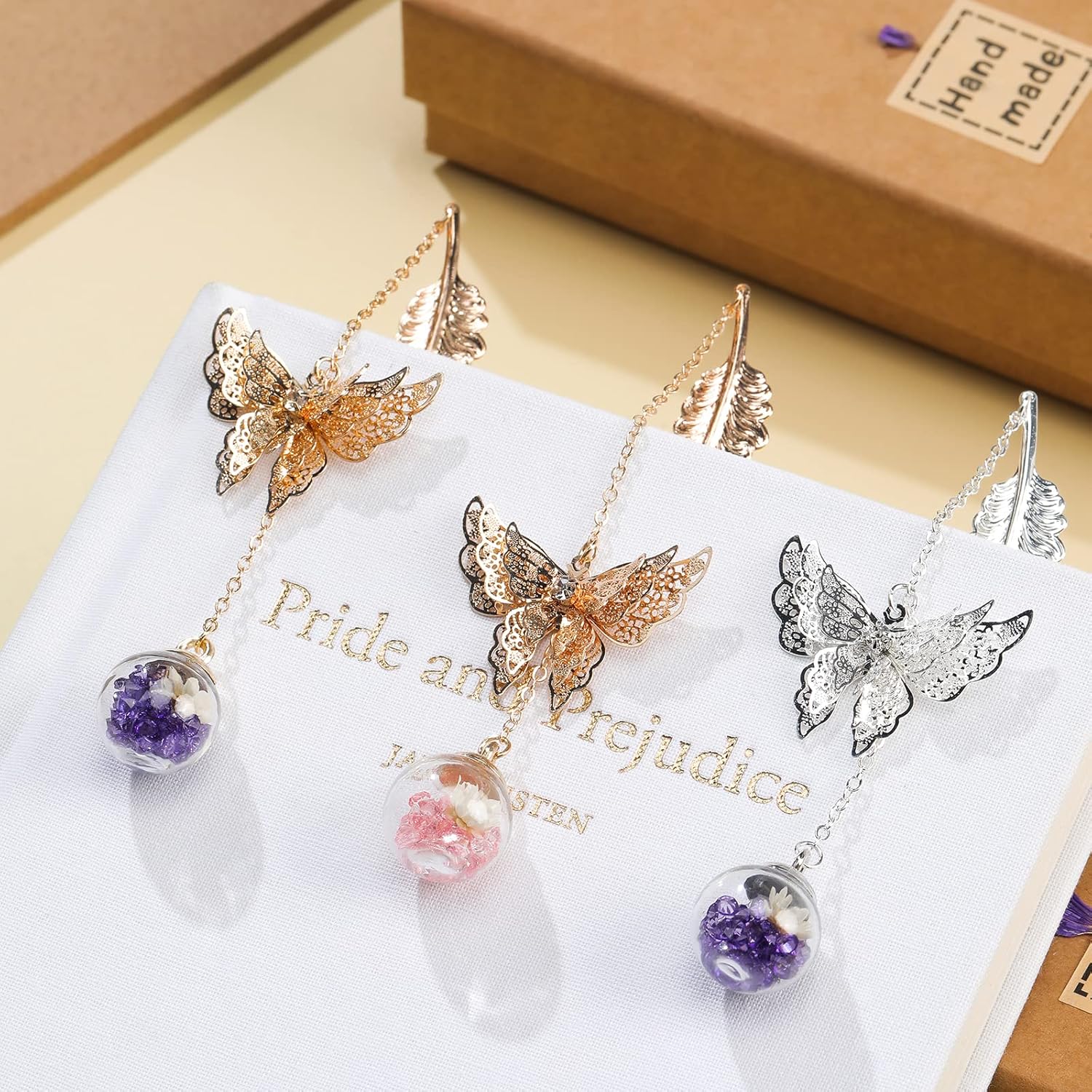 Jiazhenep metal butterfly feather bookmark with intricate wing design, ideal for birthday, teacher, or Christmas gift.