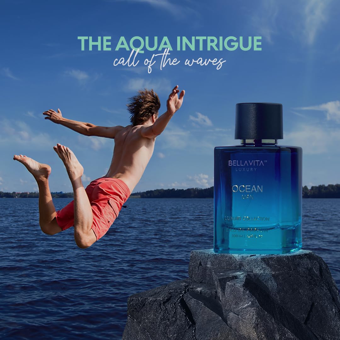 BellaVita Luxury Ocean Eau de Perfume for Men, 100ml, featuring fresh aquatic notes of bergamot, orchid, jasmine, and a masculine aroma.