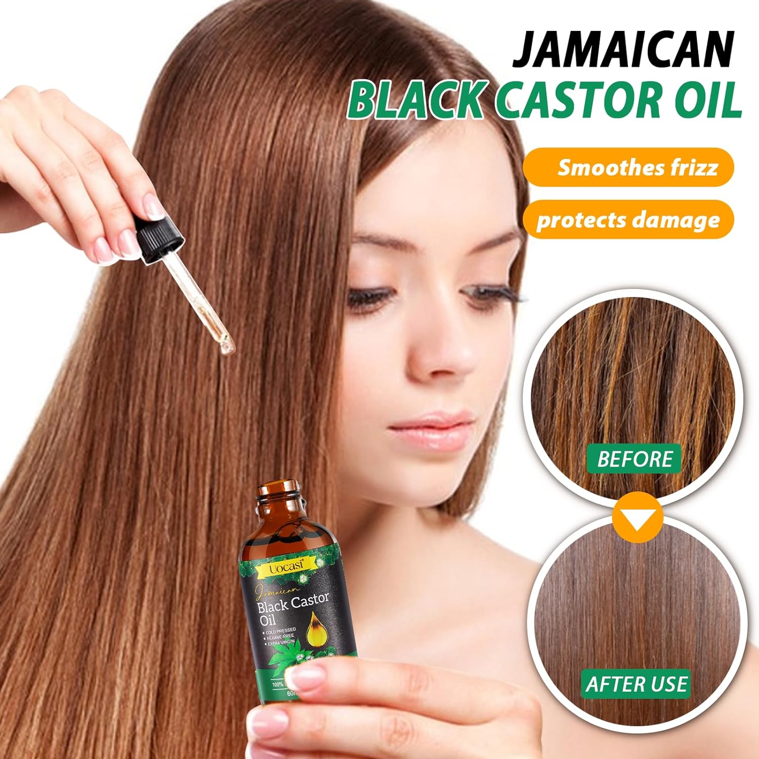Uocasi Jamaican Black Castor Oil in glass bottle, 100% pure, organic, cold-pressed for hair and skin care.