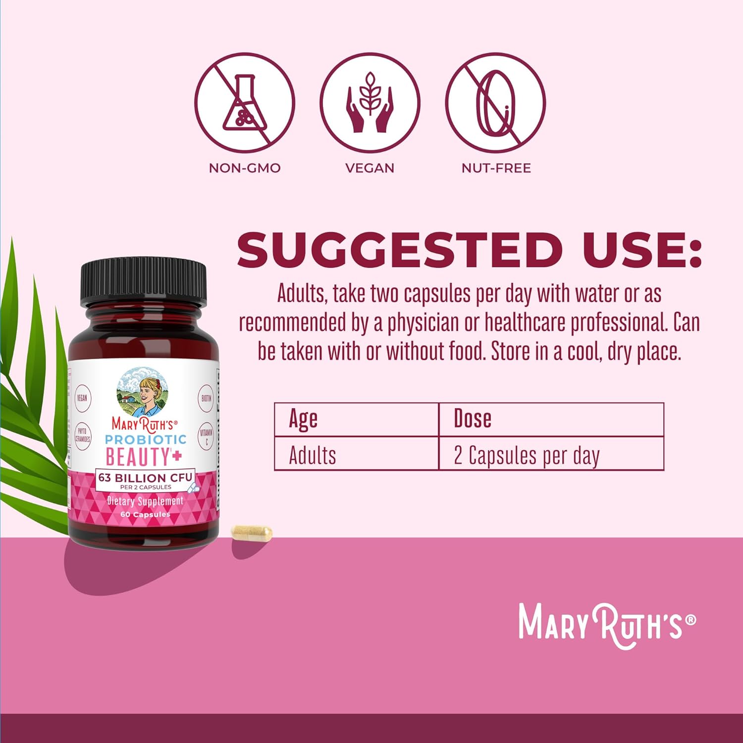 MaryRuth's probiotic beauty capsules for vegan collagen support, showing the supplement bottle with capsules inside.