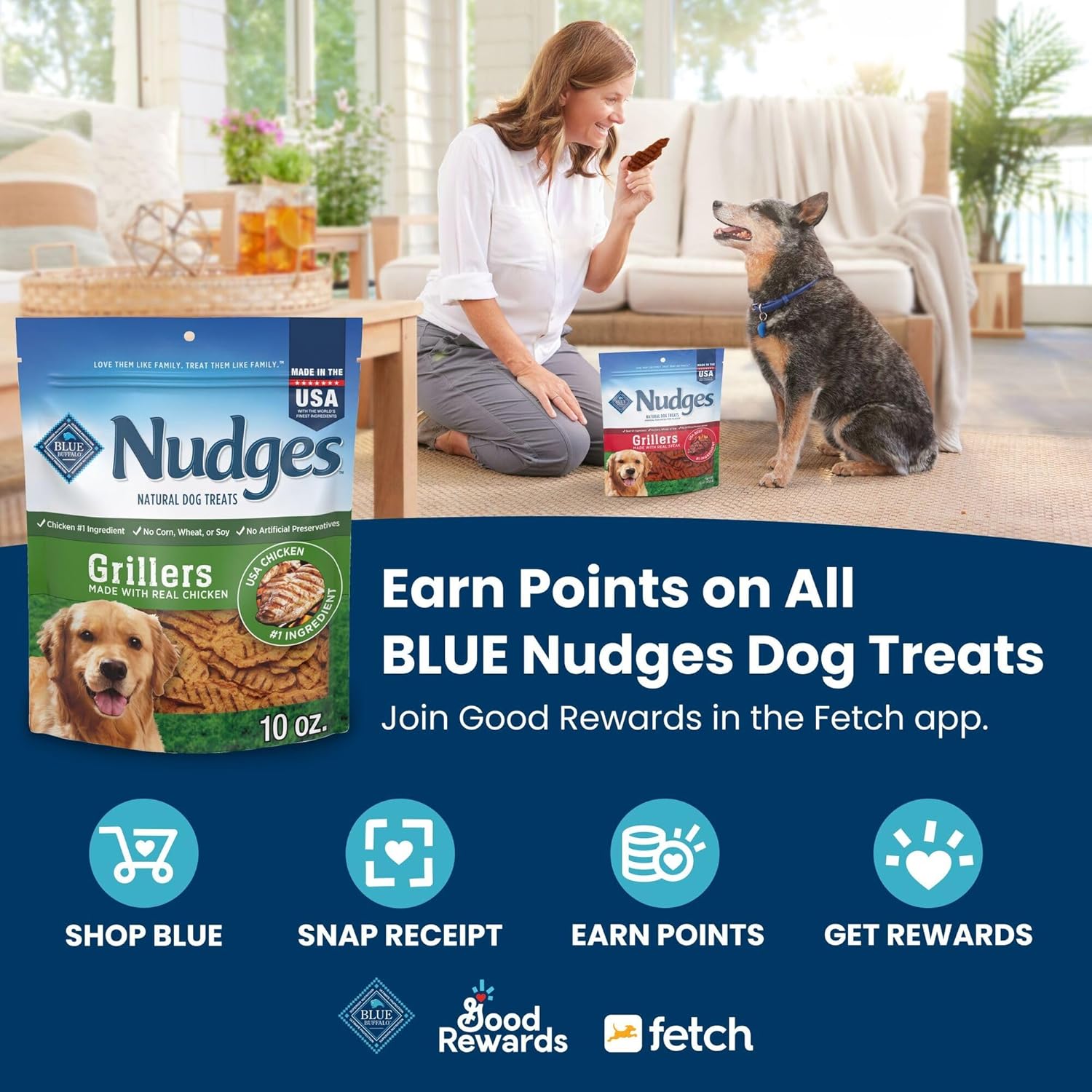 Blue Buffalo Nudges Jerky Cuts dog treats in a clear package, showcasing natural, USA-made beef jerky pieces for dogs.
