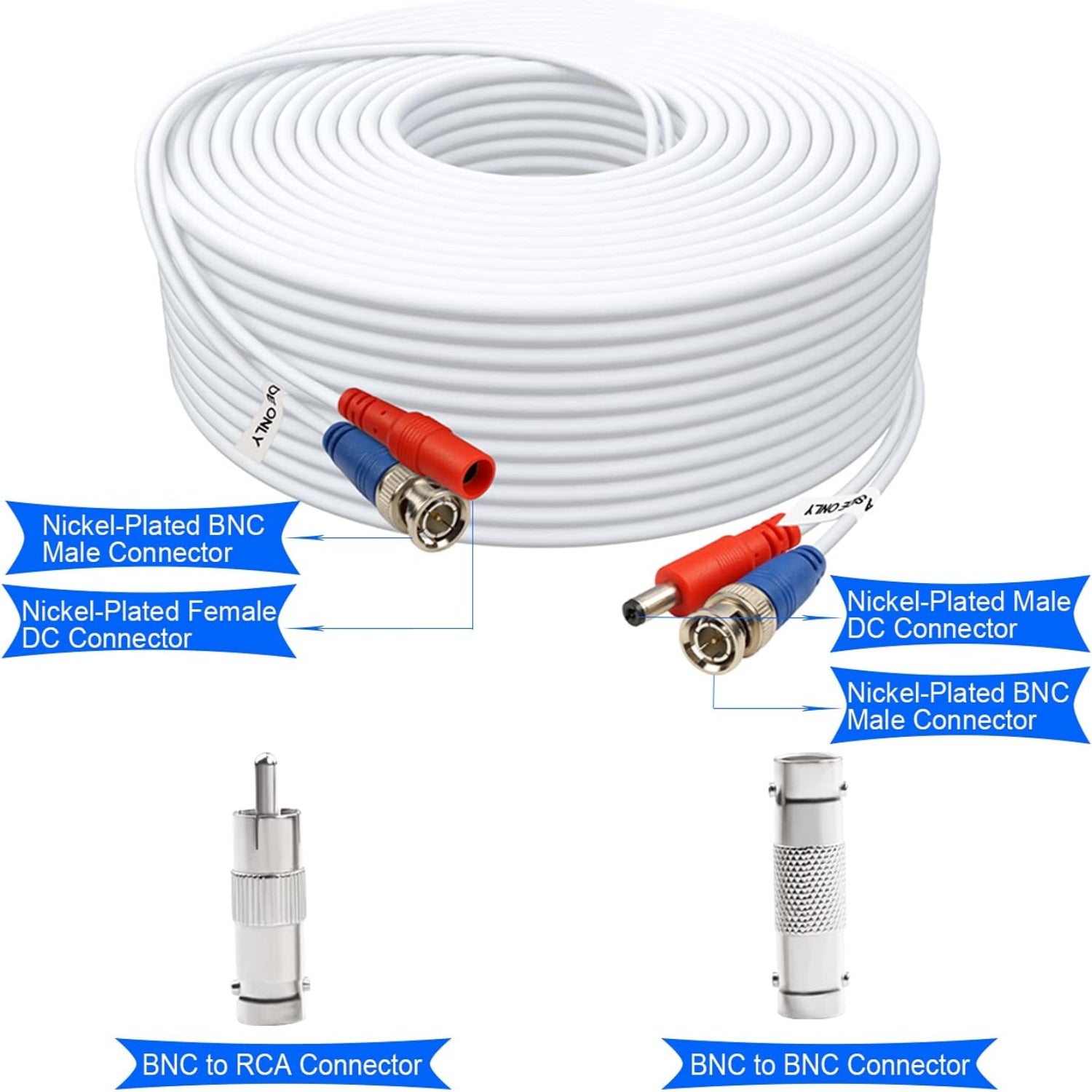 Aimyzii 100ft BNC video power cables, 4-pack, for CCTV security cameras, featuring male BNC connectors and flexible cable design.