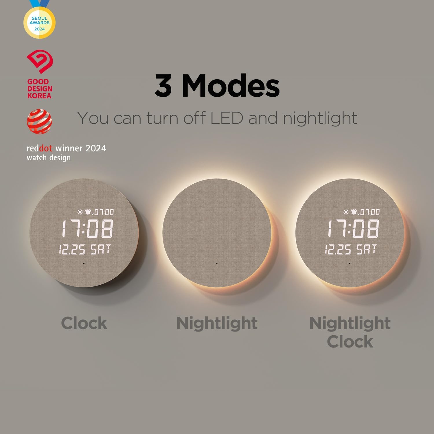 mooas Full Moon LED silent wooden digital wall clock with remote control, displaying time and moon phase on a modern wooden surface