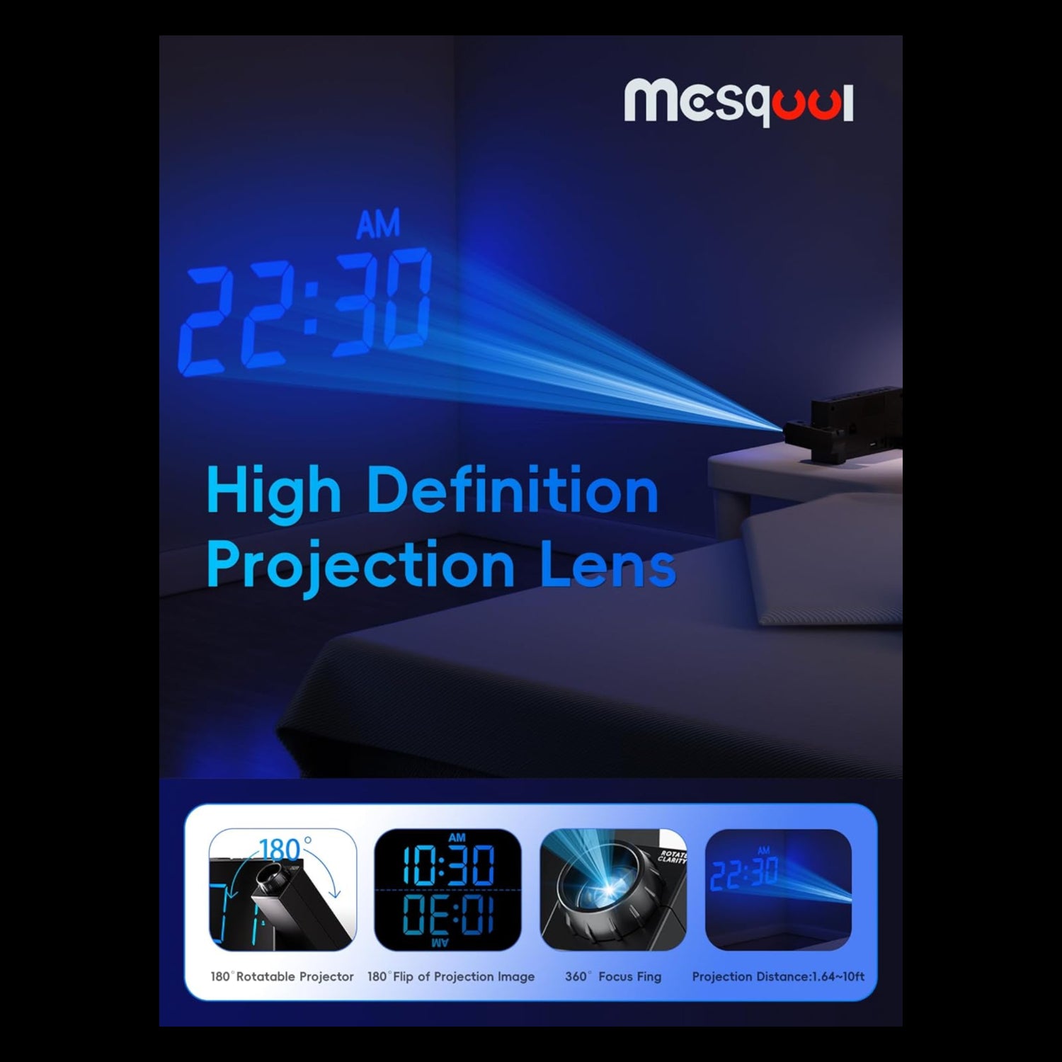 Mesqool digital projection alarm clock with large LED display and 180° rotatable projector for bedroom use