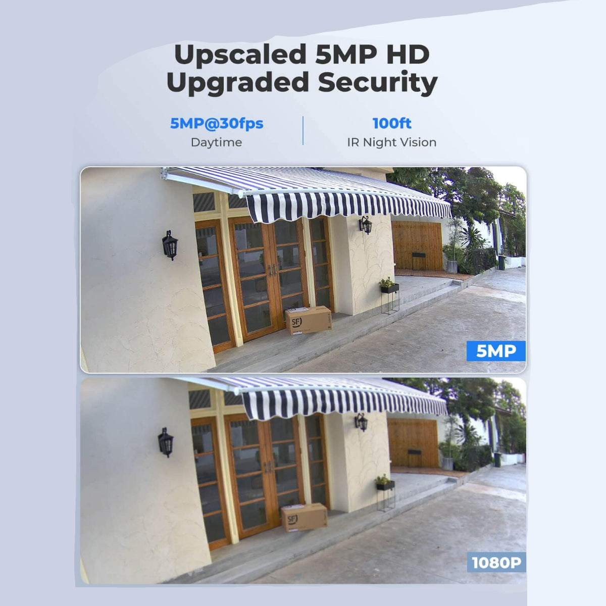 REOLINK 5MP PoE security camera for outdoor and indoor surveillance, showing the camera mounted on a house exterior.