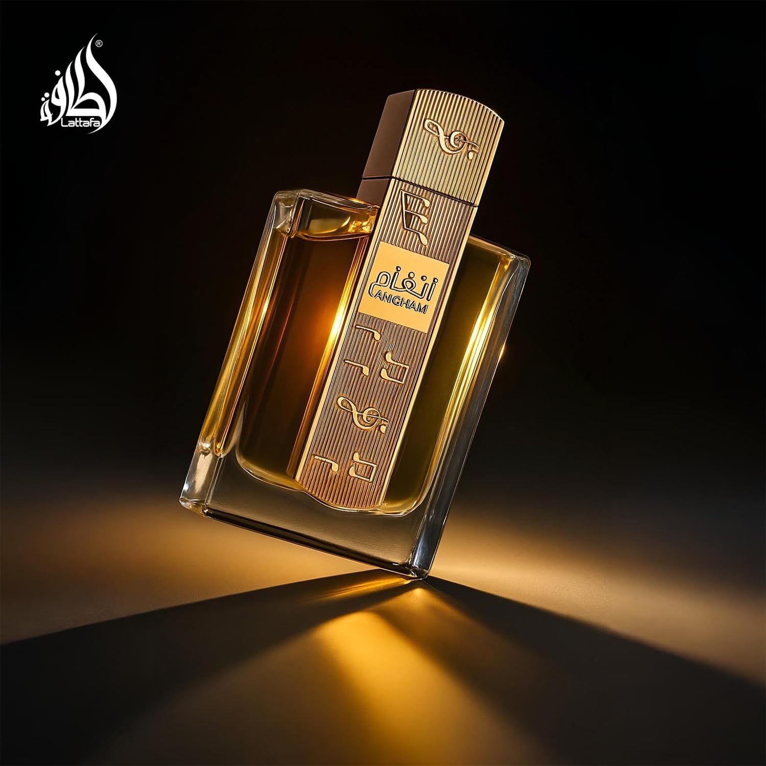 Lattafa Angham Eau de Parfum bottle featuring citrus, lavender, musk, amber, and vanilla notes in elegant packaging