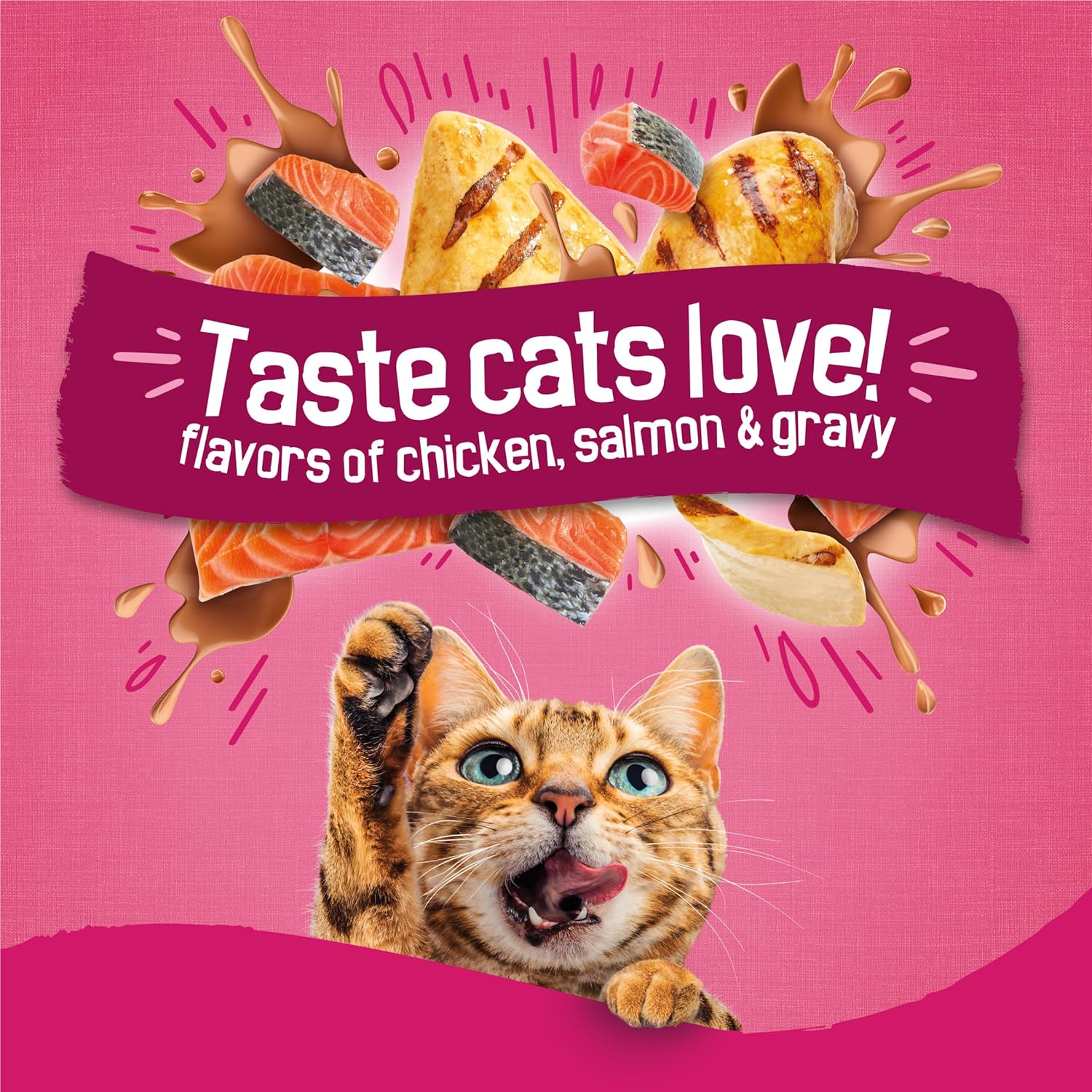 Cans of Purina Friskies Gravy Swirlers cat food with chicken, salmon, and gravy flavors, featuring colorful packaging and images of cat food.