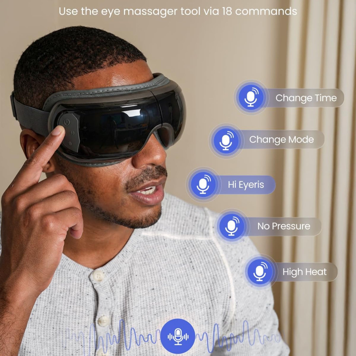RENPHO Eyeris 3 Eye Massager with heat, cooling, and voice control, shown in a sleek black design with adjustable straps.