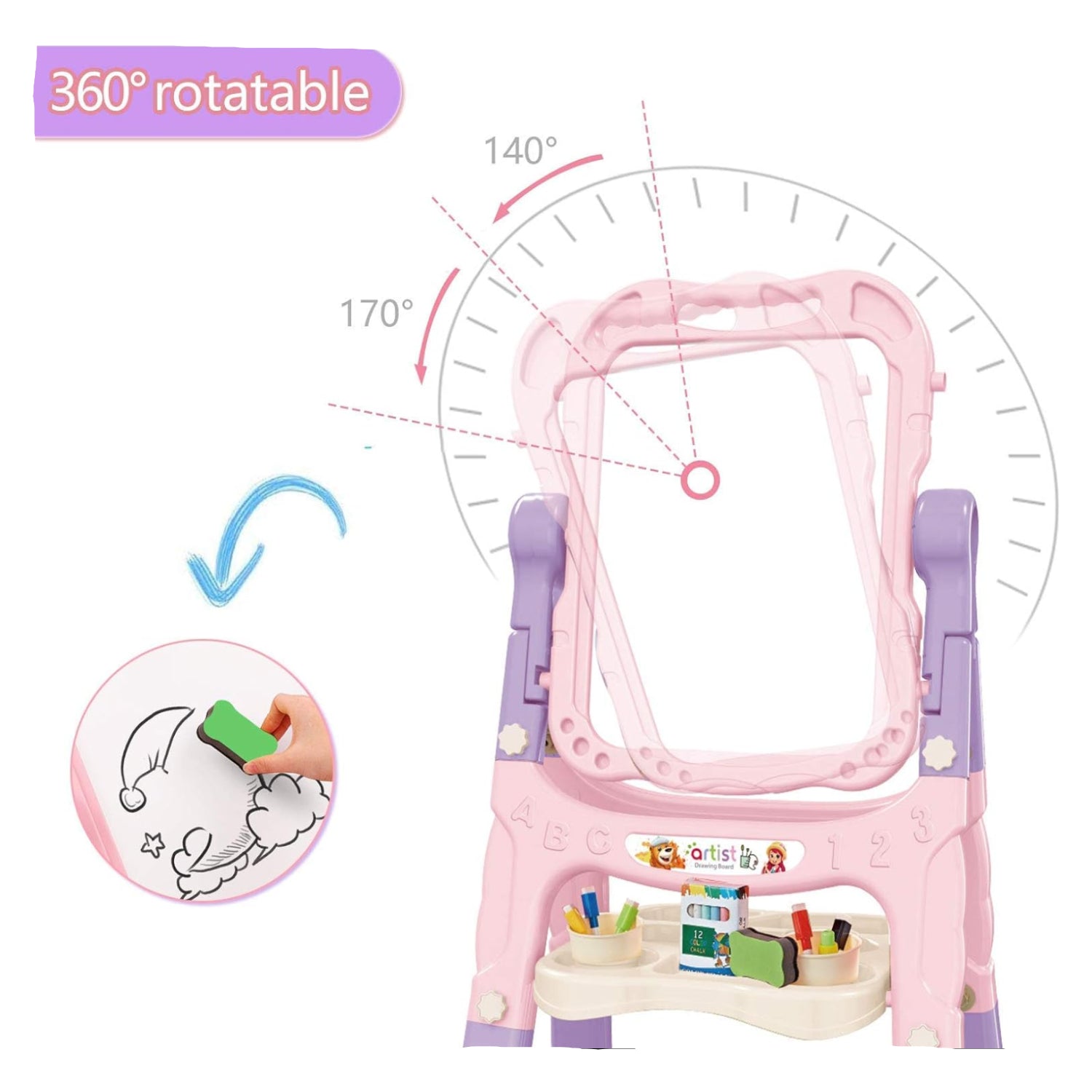 Pink and purple step stool with 360-degree rotation feature and art supplies on a white background.