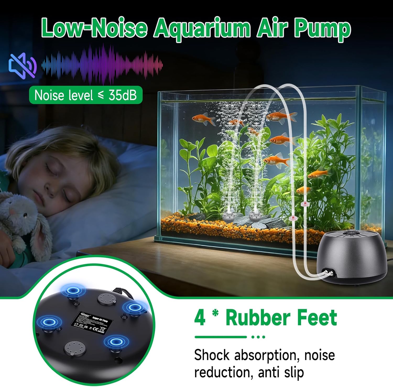 hygger Quiet Adjustable Aquarium Air Pump, 5W/8W Dual Output Fish Tank