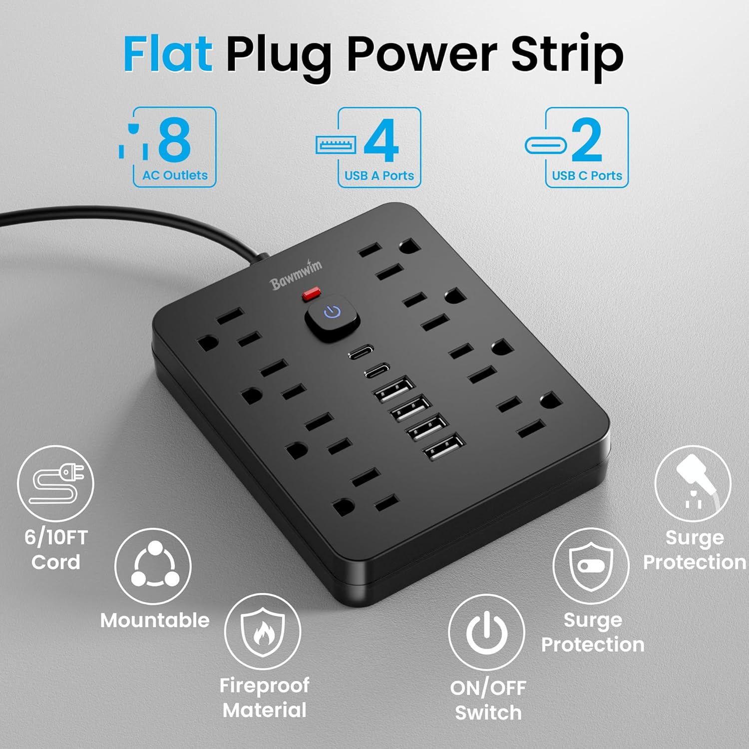 Surge Protector Power Strip, 8 Outlets(1250W/10A), 6 USB Charging Ports(2 USB C), 6FT