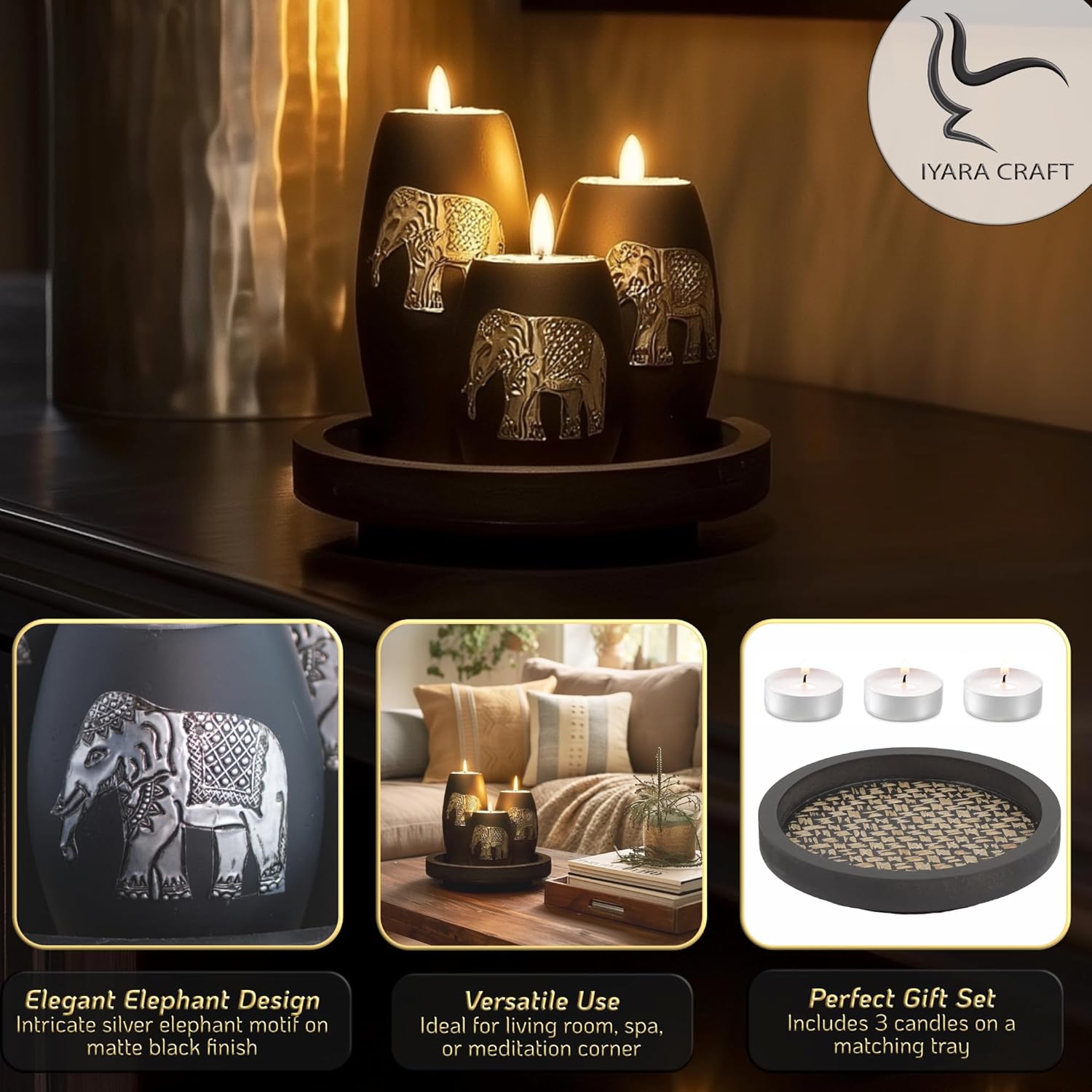 Handmade IYARA CRAFT Elephant Candle Holder Set with three wooden tealight holders featuring intricate elephant designs.