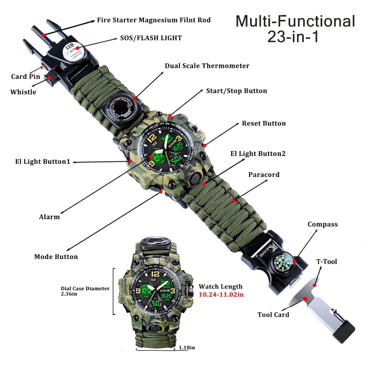 Mens Tactical Military Digital Watch, 23-in-1 Survival Multi-Functional Army Outdoors