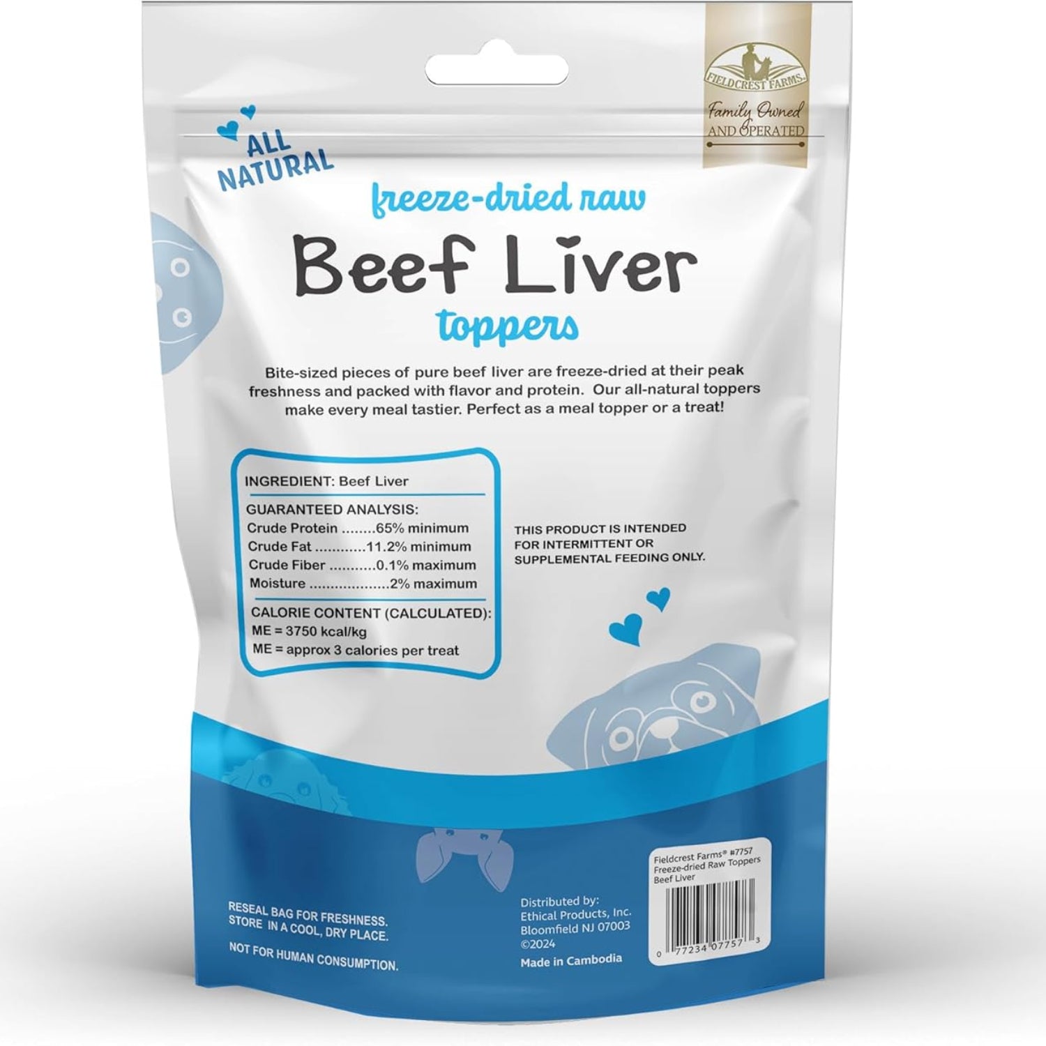 Fieldcrest Farms freeze-dried beef liver dog food topper or treat, 100% single ingredient beef liver, shown in a resealable bag.