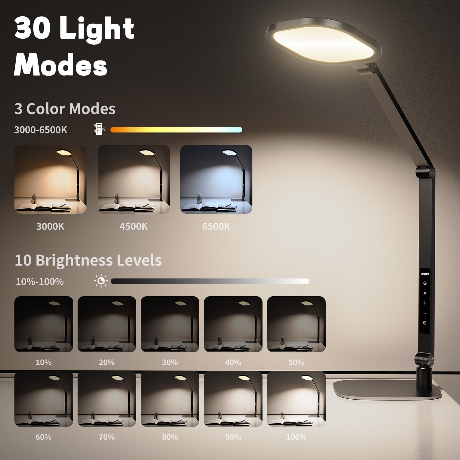 LitONES LED desk lamp for home office with soft diffused light, dimmable, eye-care design, adjustable arm, modern workspace lighting