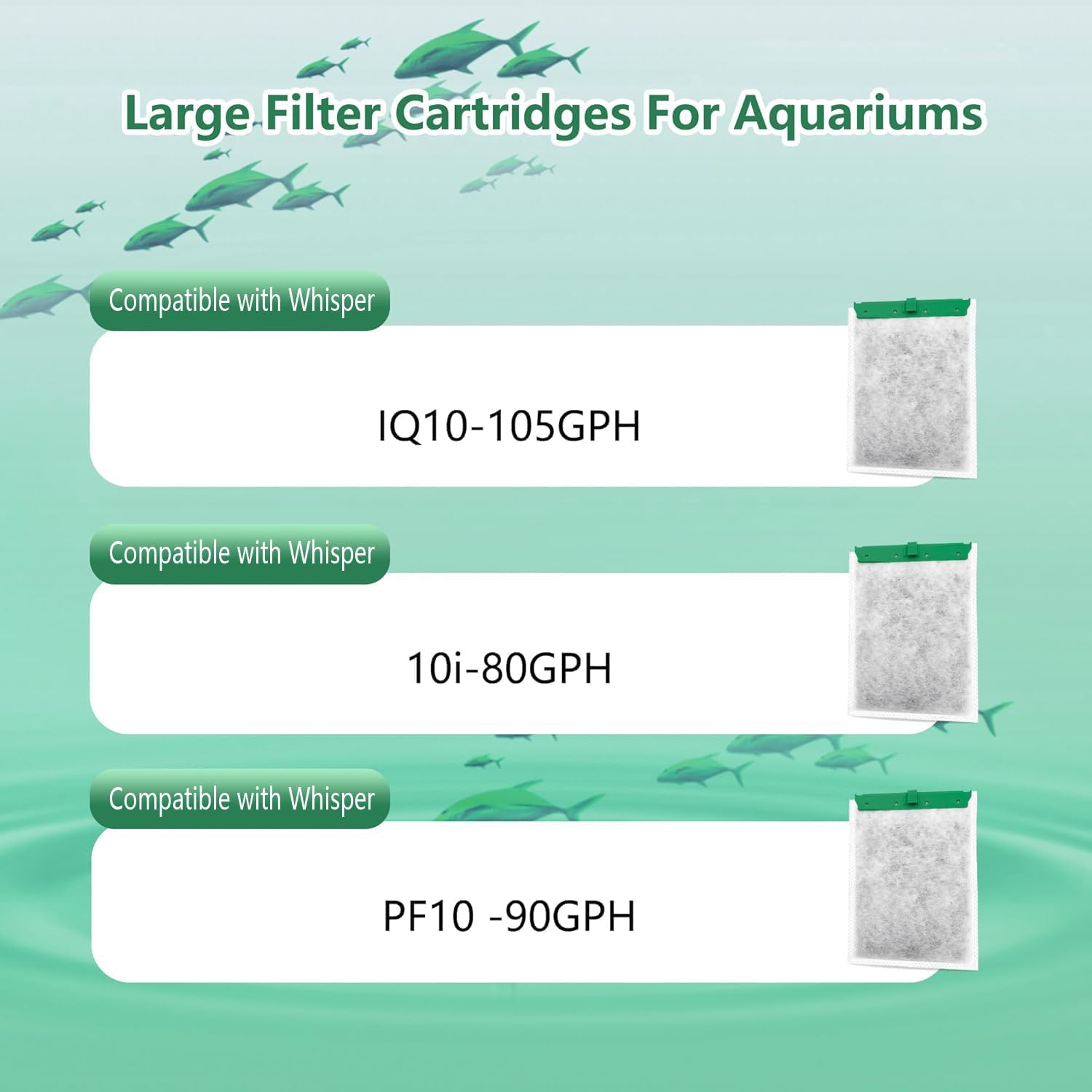 Six Pewyoke aquarium filter cartridges compatible with Whisper power filters, shown in a neatly stacked arrangement.