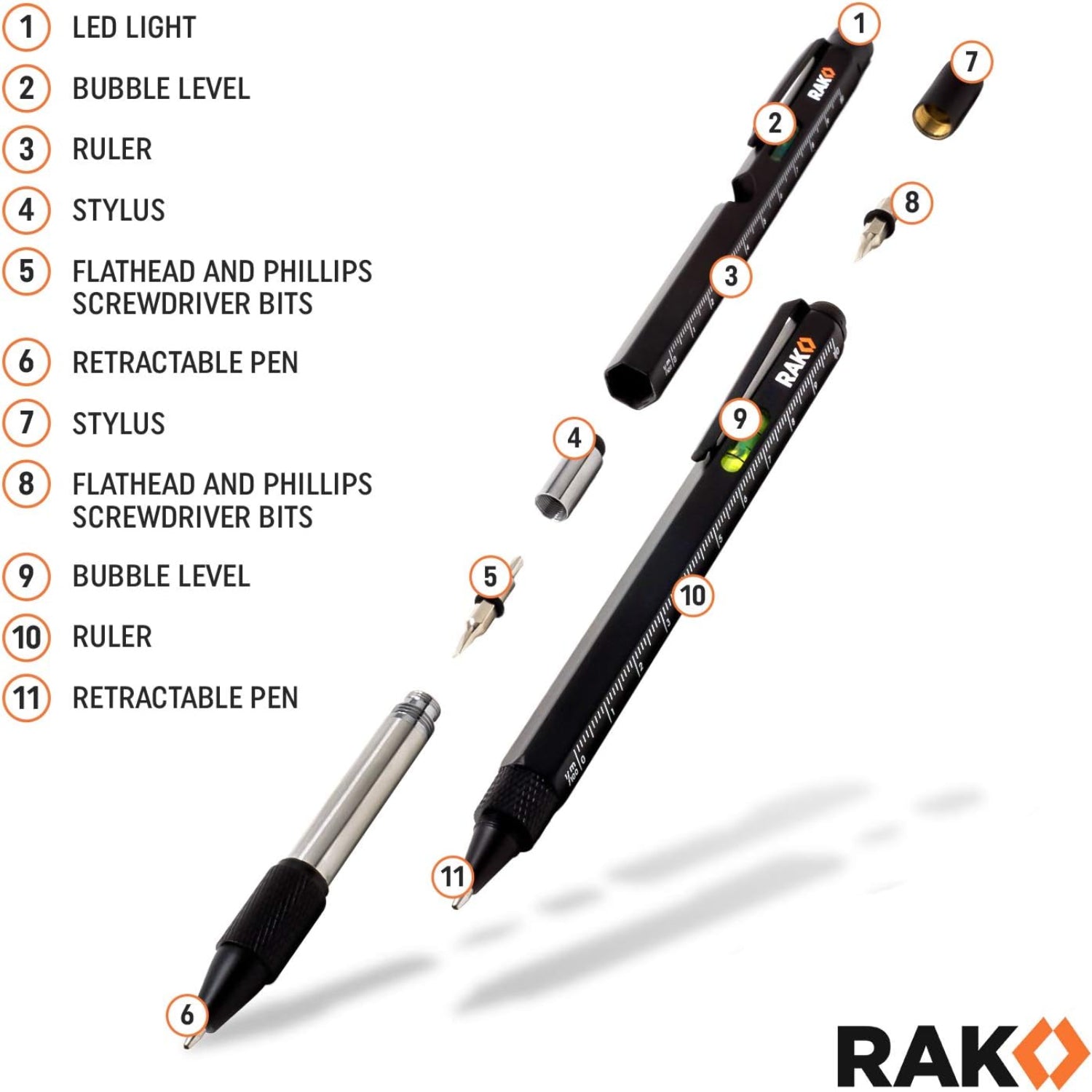 RAK Multitool Pen - Multi-Tool Pen Set 11 in 1, LED Light, Screwdrivers, Level, Ruler