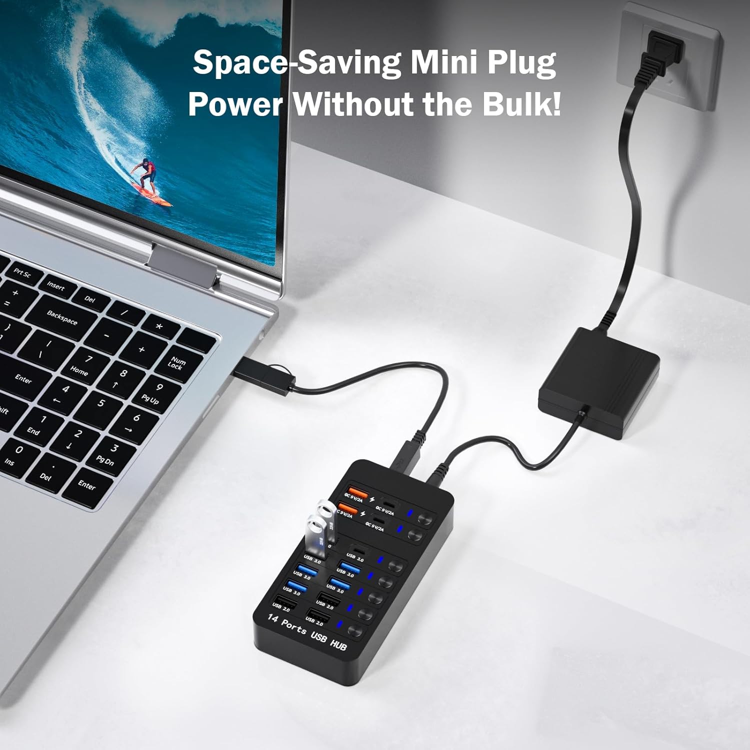 Zeroffi powered USB hub with 14 ports, high-speed data transfer, and compact design for easy device connection.