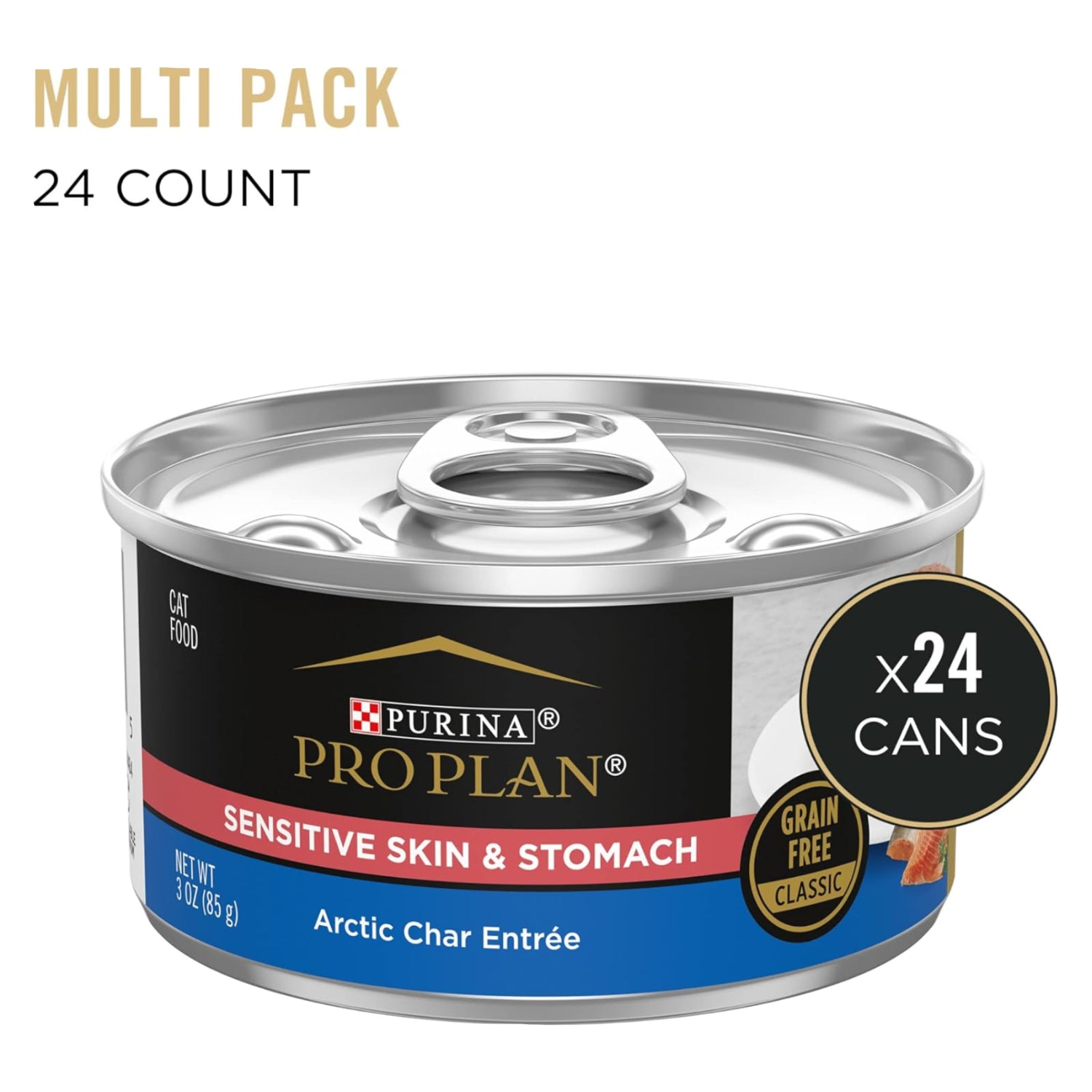 Cans of Purina Pro Plan Sensitive Skin and Stomach Cat Food Wet Pate with labels and product packaging visible.