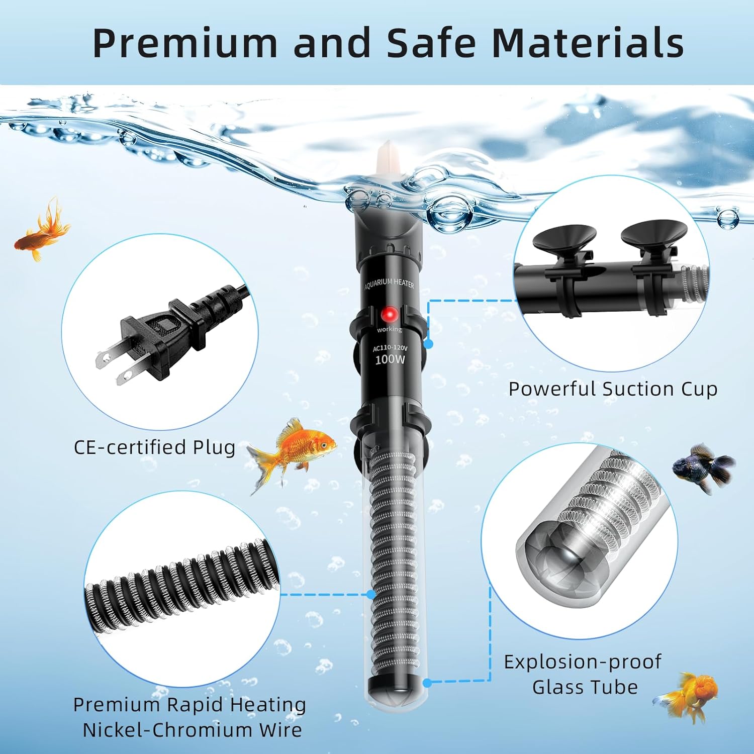 HiTauing adjustable aquarium heater in 25W to 300W with digital display and control knob for maintaining water temperature.