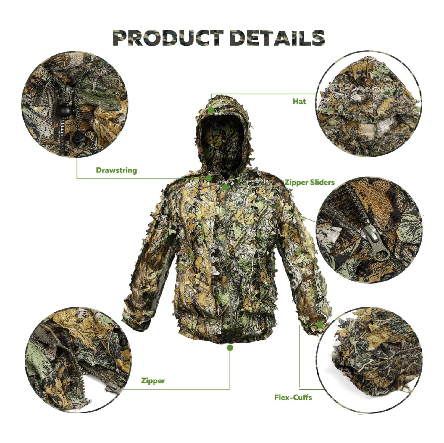 Upgrade Ghillie Suit Outdoor 3D Lifelike Super Lightweight Hooded Camouflage Fit tall 4.9-5.9ft