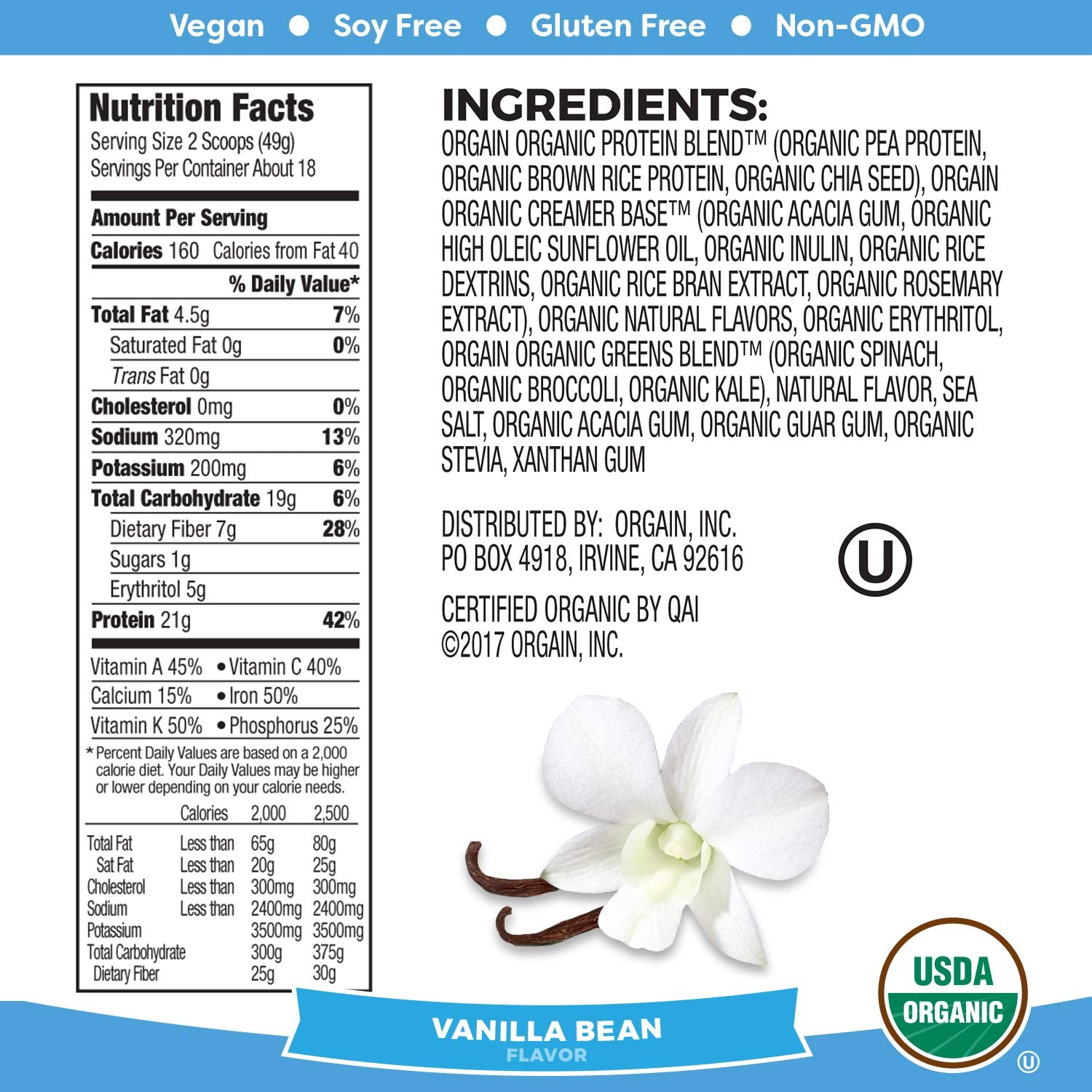 Orgain Organic Vegan Protein Powder + Greens, Vanilla Bean - 21g Plant Based Protein