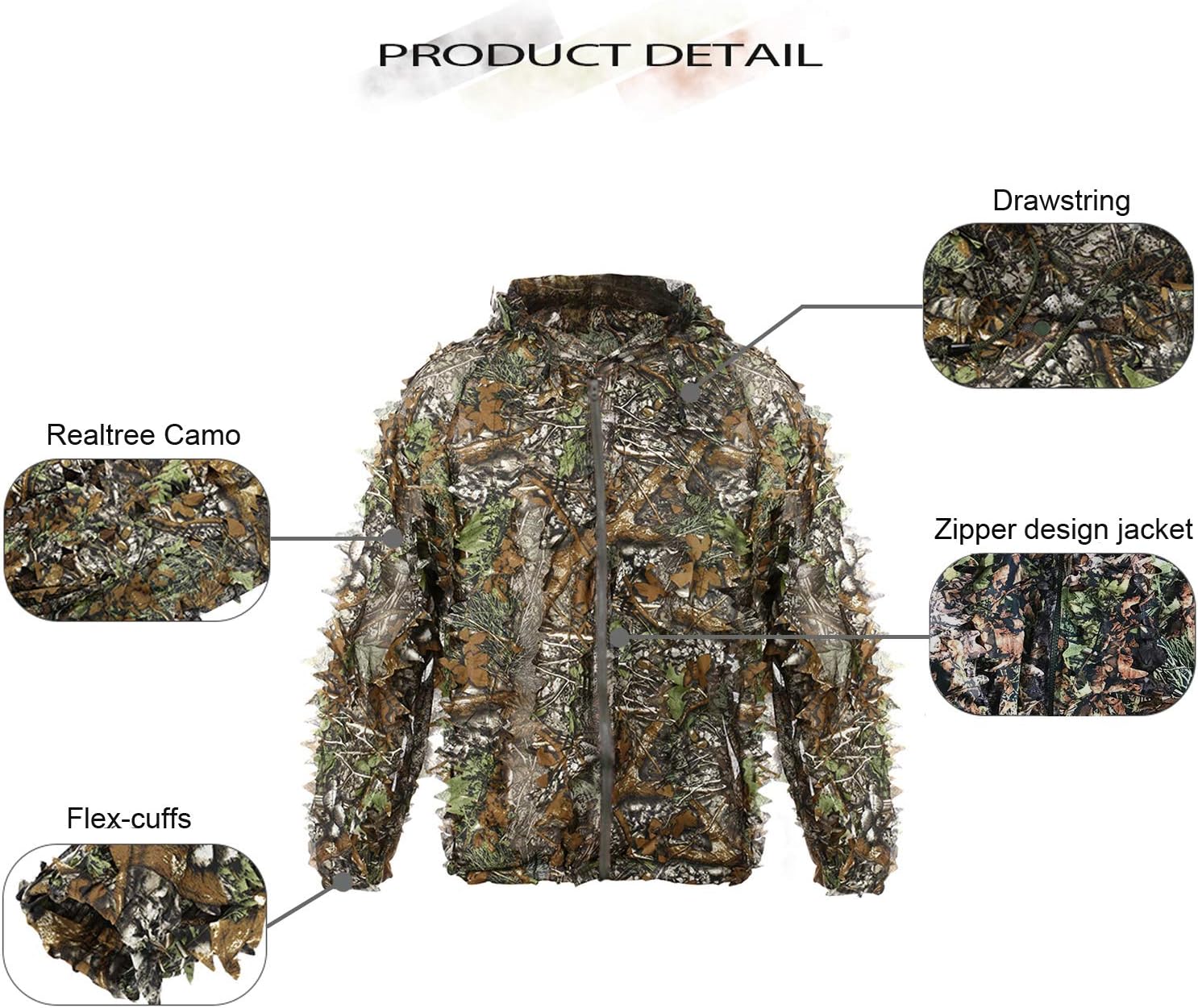 EAmber ghillie suit with leafy green camouflage, forest 3D leaf pattern, designed for hunting and outdoor concealment.