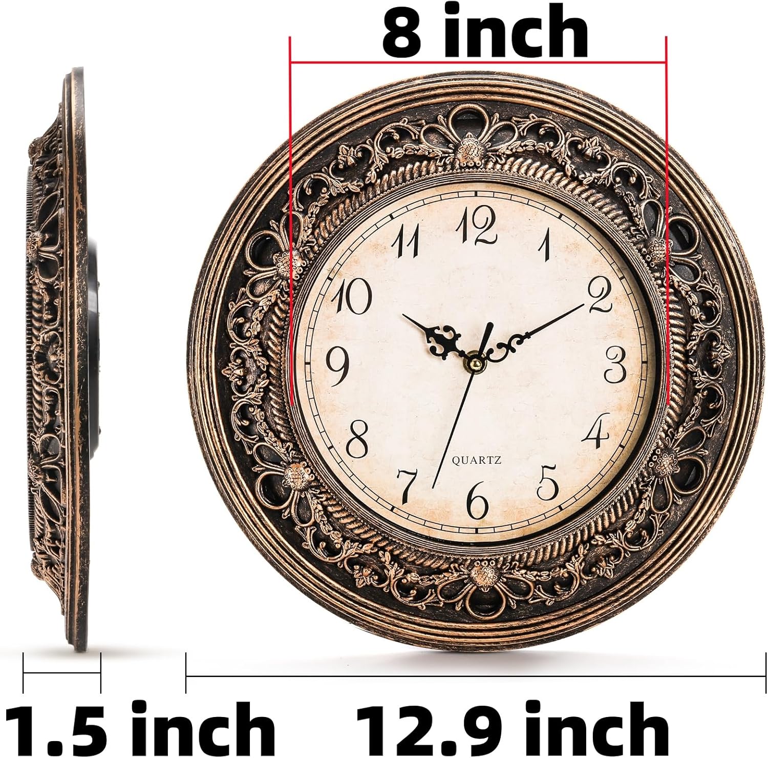 Plastic silent wall clock by Pumtus, 13-inch vintage round wall clock with a minimalist design, battery operated, and silent movement.