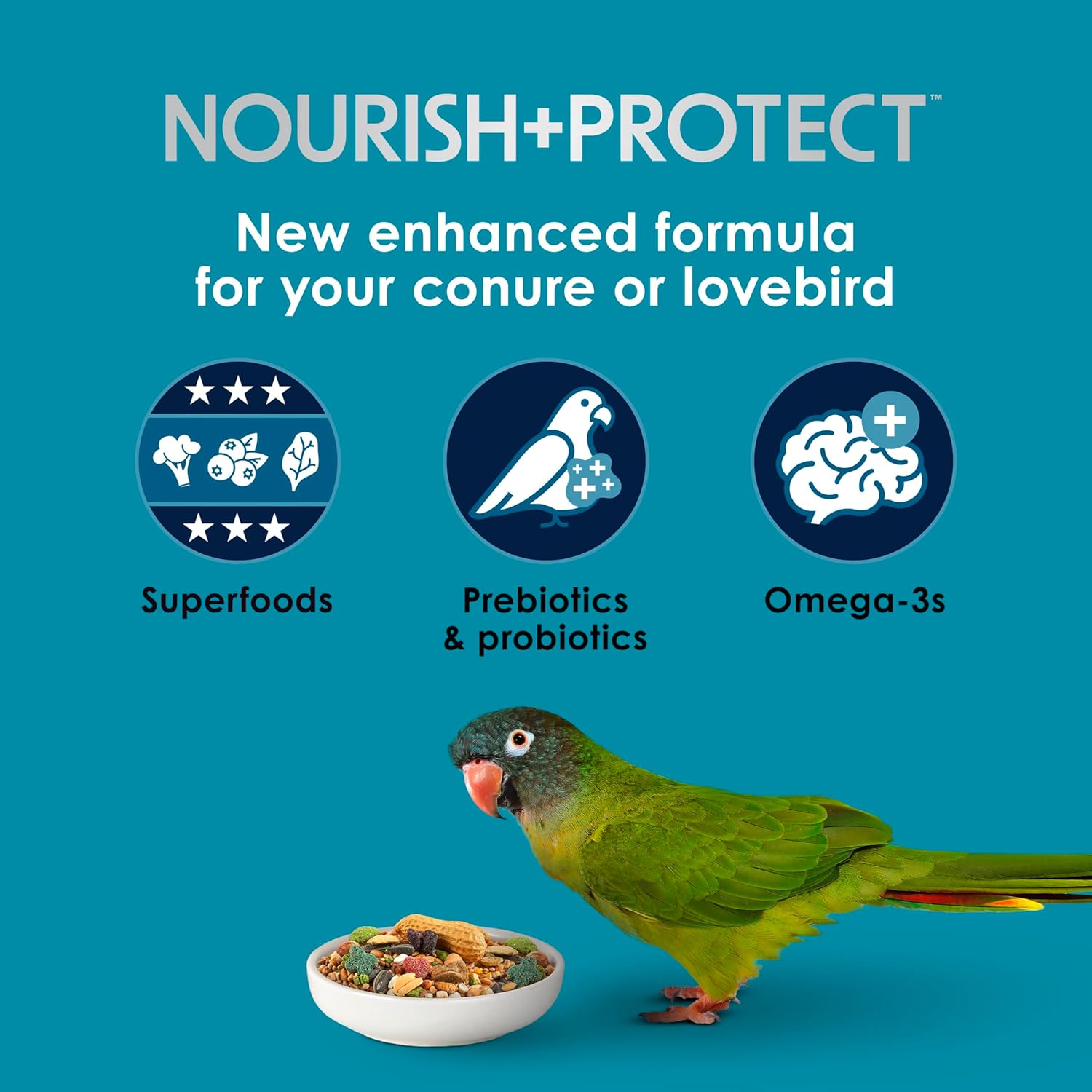 Kaytee Forti-Diet Pro Health Nourish+Protect bird food bag with colorful label, designed for conures and lovebirds.