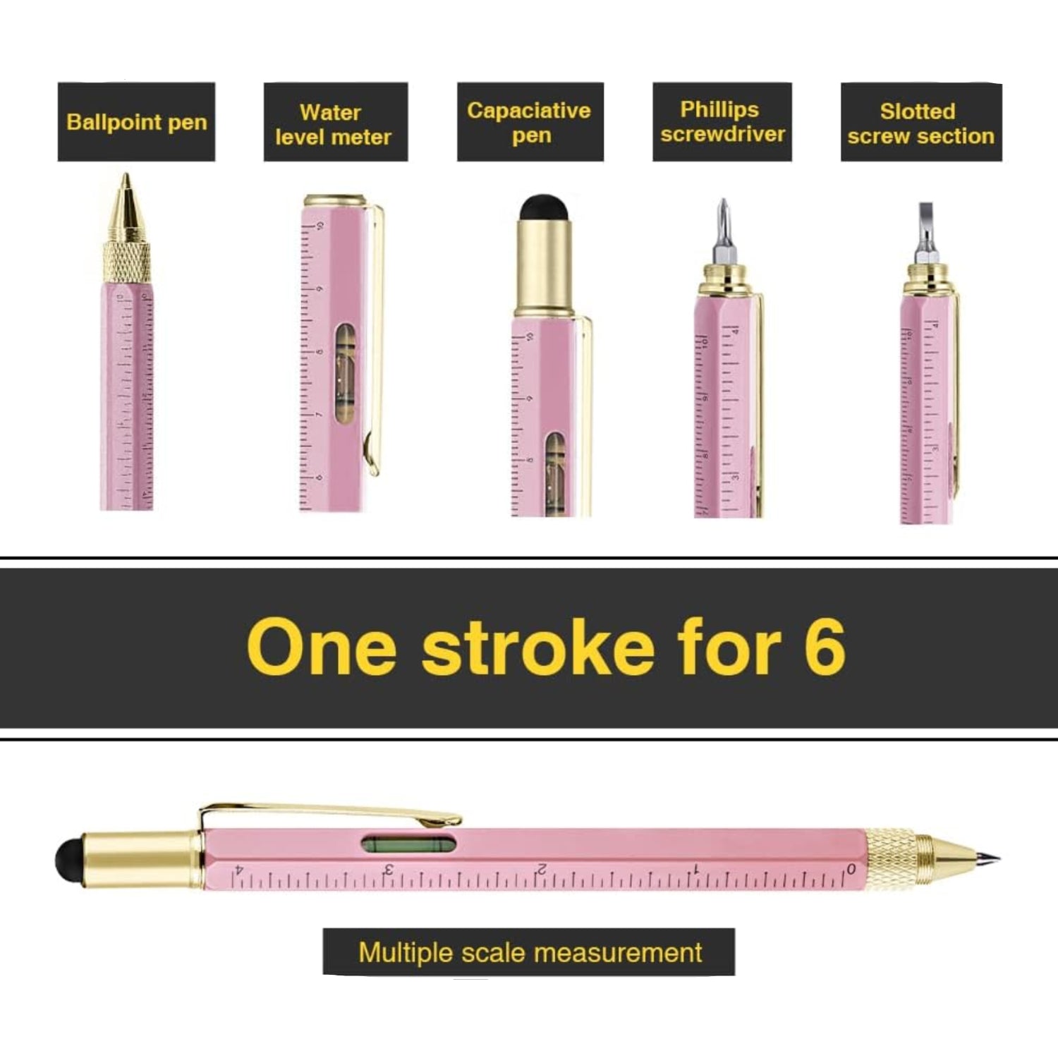 Multifunctional tool with various components and a pink and gold design.