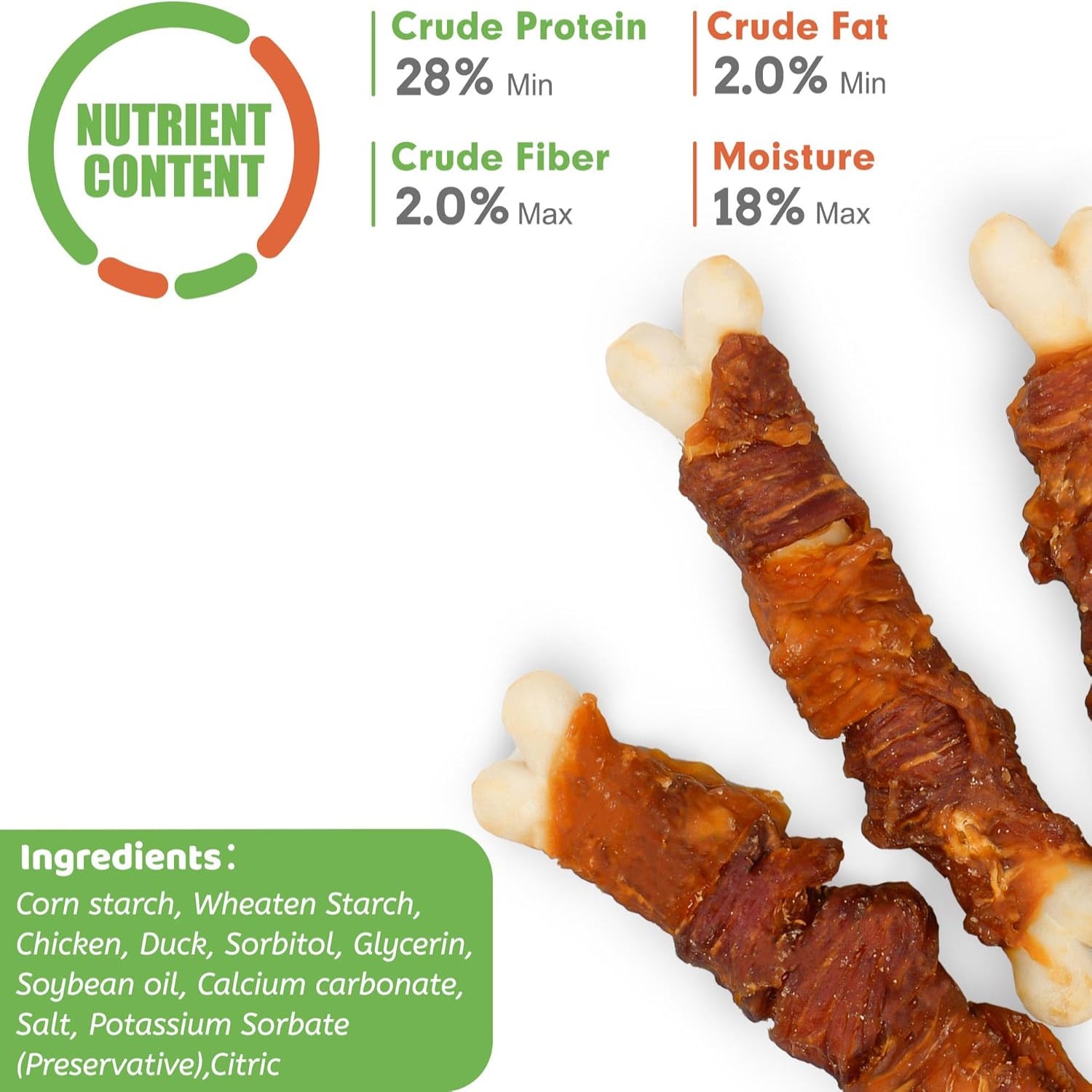 MON2SUN Double Flavor Dog Treats with 4-inch chicken and duck wrapped calcium bones, showing the treats and bones ready for chewing.