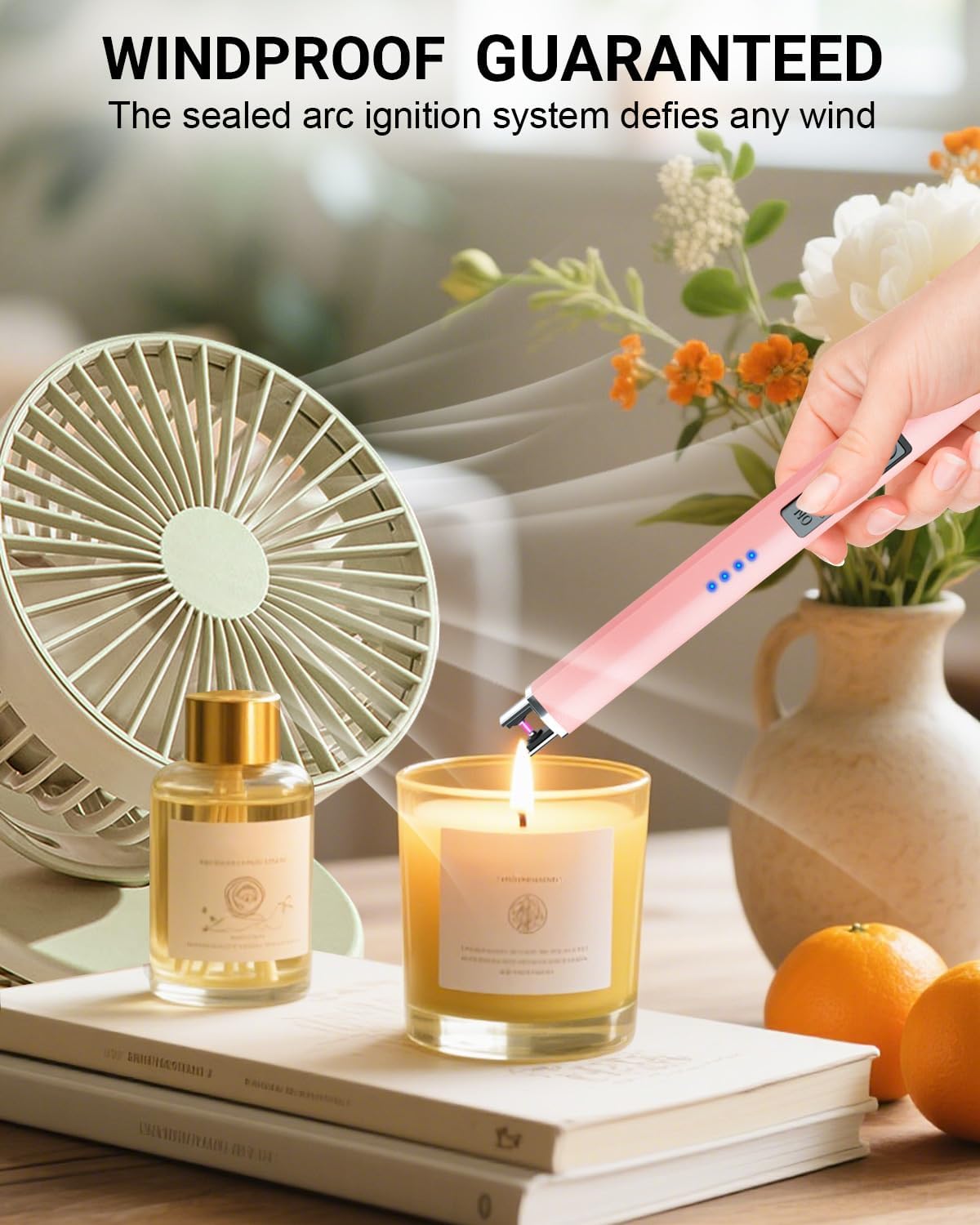 FUKKUDA electric candle lighter with safety switch, USB rechargeable, windproof design, shown with sleek black body and ignition tip.