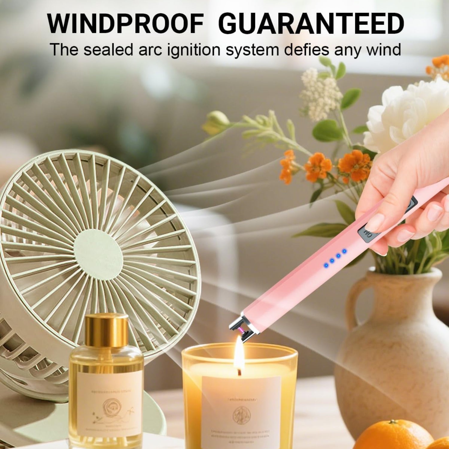 FUKKUDA electric candle lighter with safety switch, USB rechargeable, windproof design, shown with sleek black body and ignition tip.