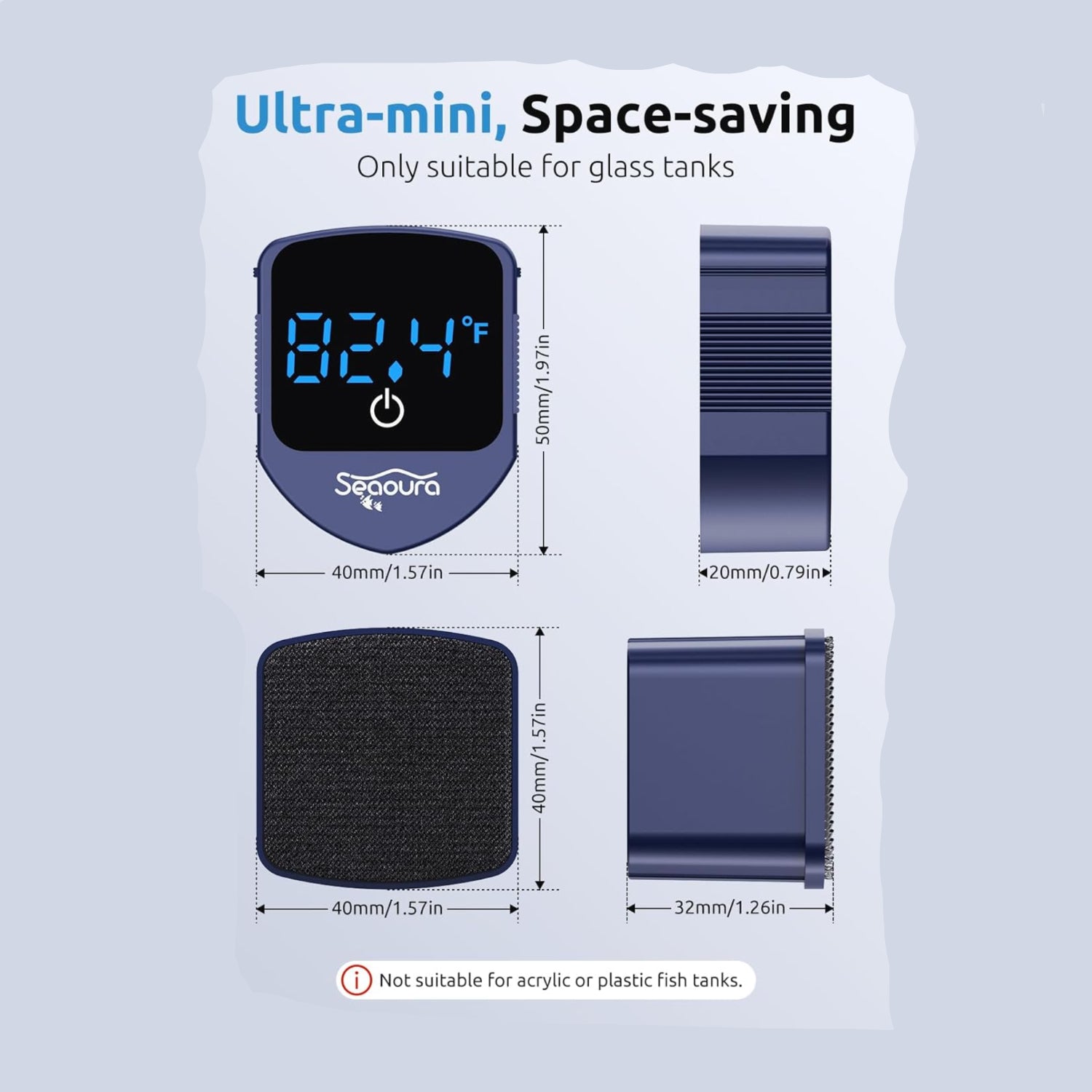 SEAOURA aquarium magnetic cleaner with built-in thermometer for fish tanks, featuring a compact mini design and dual cleaning sides.