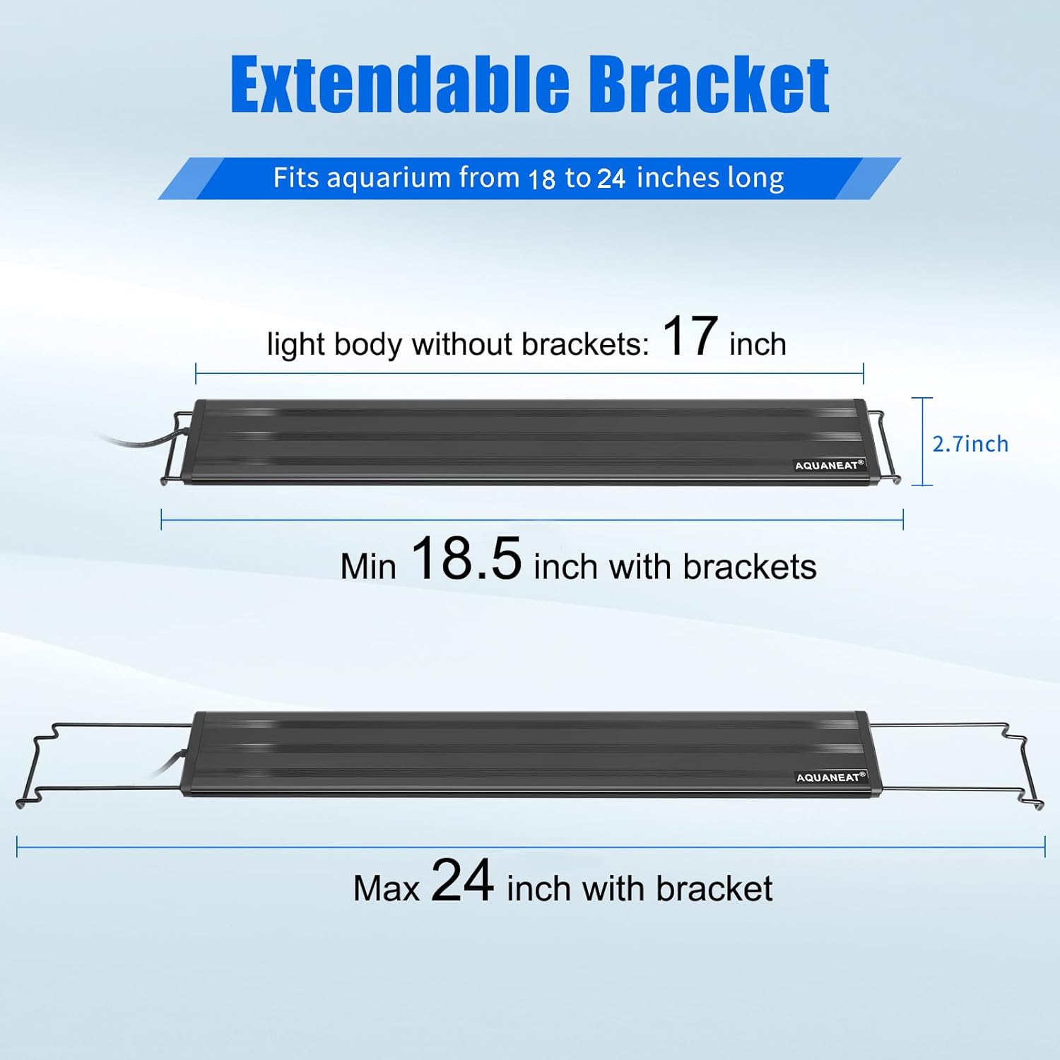 AQUANEAT LED aquarium light full spectrum for 18 to 24 inch tanks, showcasing the sleek black fixture with adjustable hanging mounts.