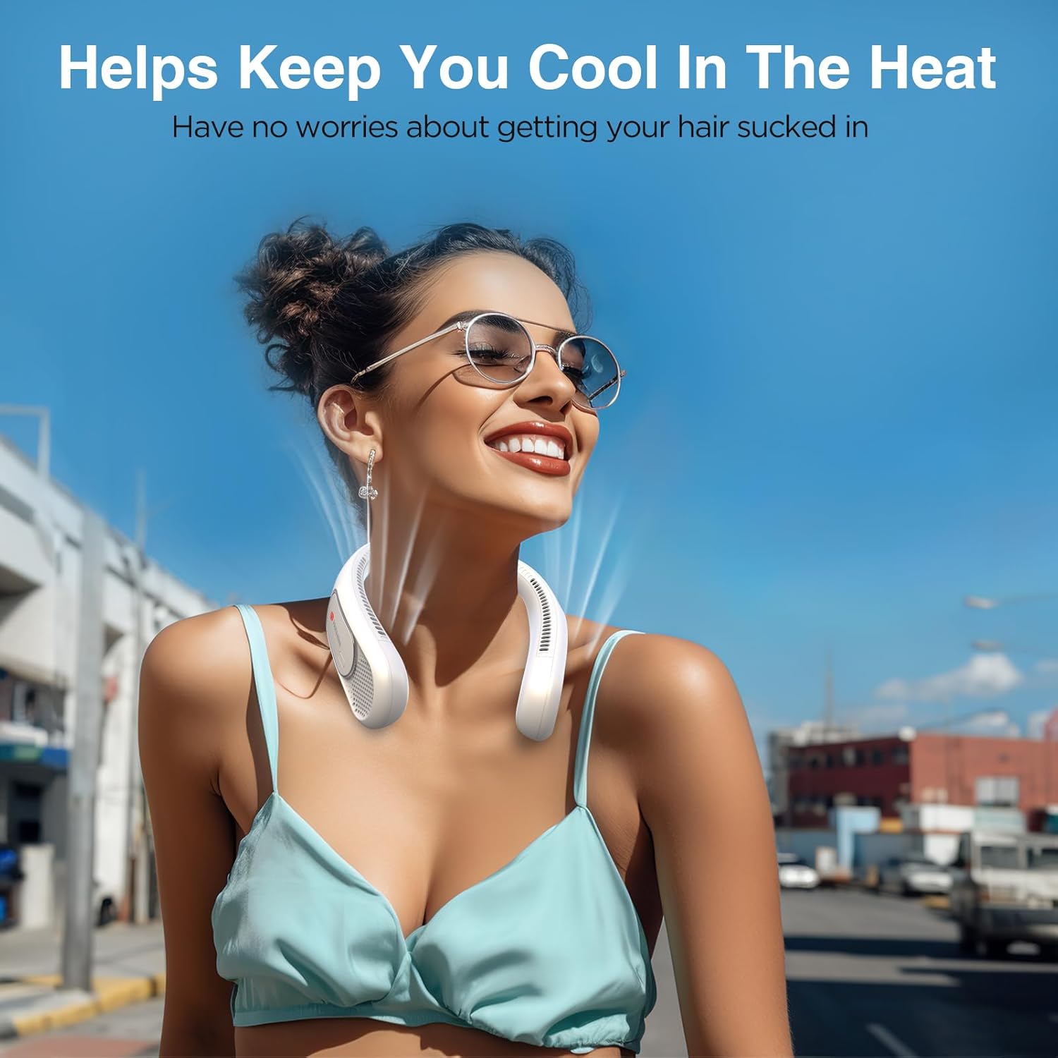 Hotsales bladeless neck fan with hands-free design, portable rechargeable fan showing adjustable air vents and sleek black finish.